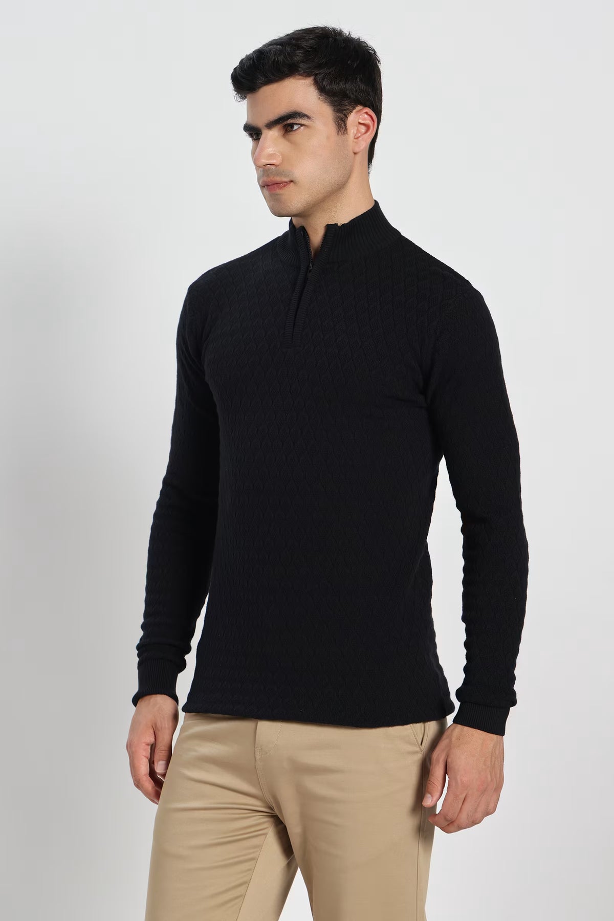 Rauth Men's Solid Half-Zip High Neck Full Sleeve Casual Knitted T-Shirt / Sweater