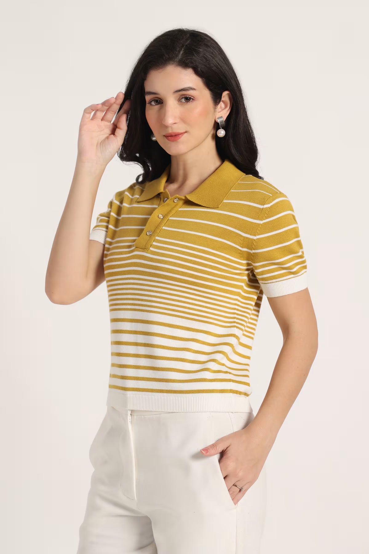 Rauth Women’s Striped Polo Neck T-Shirt Half Sleeve Knitted Top Regular Fit Casual Stylish Ribbed Collar Button Placket T-Shirt for Women