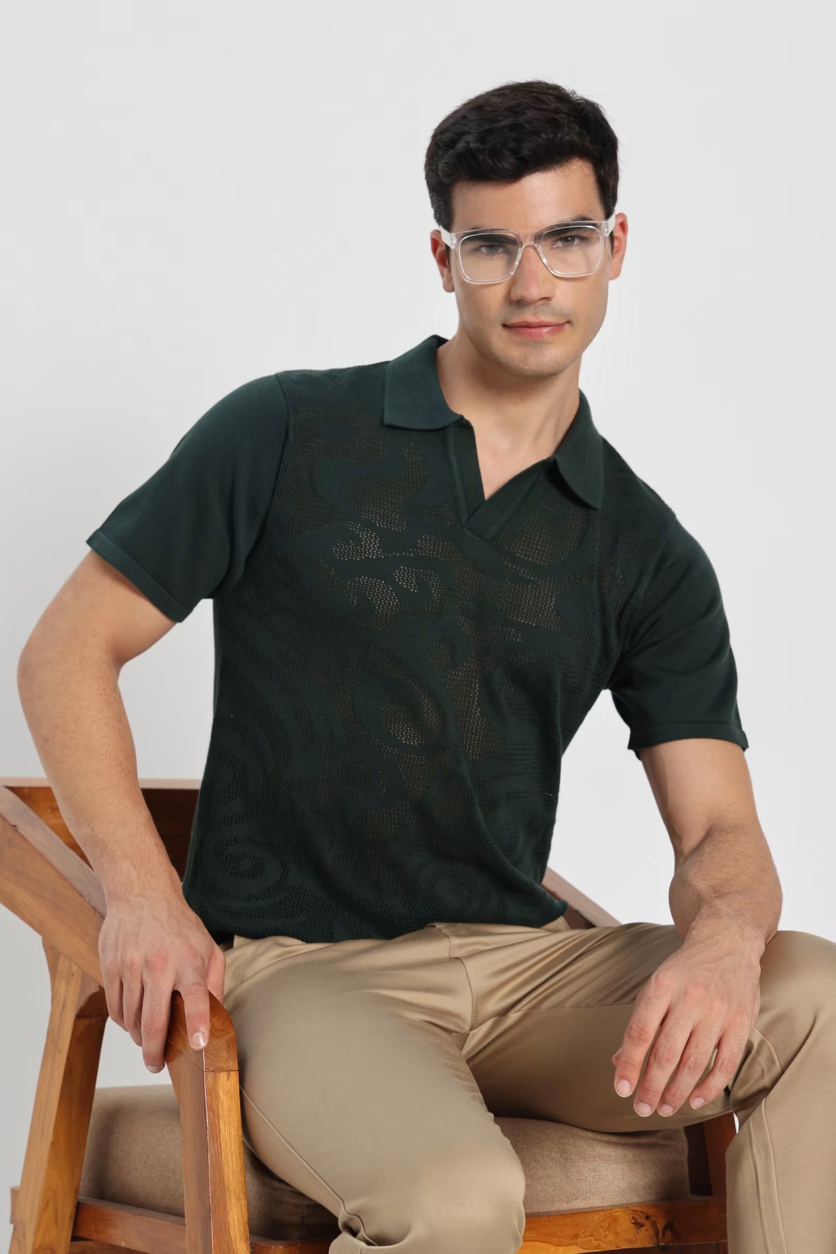 Rauth Men Self-Design Textured Knitted Polo Collar Casual T-Shirt