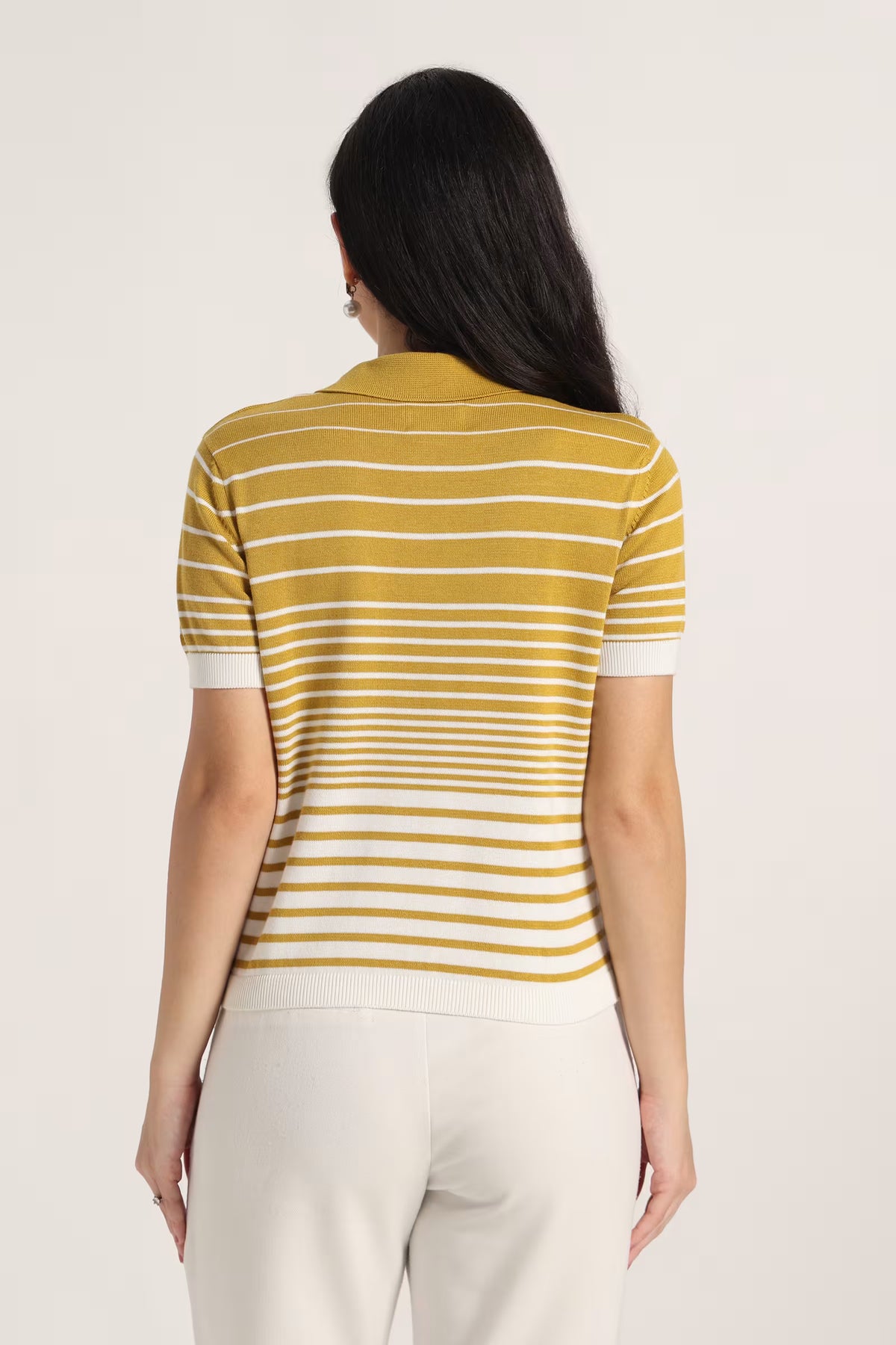 Rauth Women’s Striped Polo Neck T-Shirt Half Sleeve Knitted Top Regular Fit Casual Stylish Ribbed Collar Button Placket T-Shirt for Women