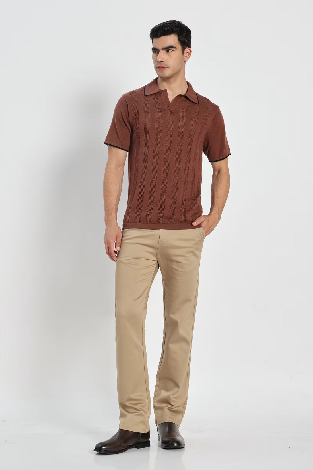 Rauth Men Striped Textured Knitted Polo Collar Casual T-Shirt