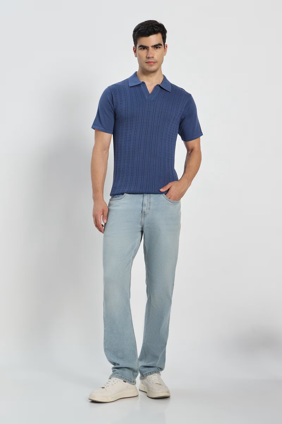 Rauth Men Cable Knitted Textured Polo Collar Casual T-Shirt