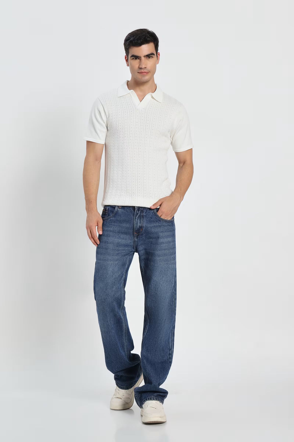 Rauth Men Cable Knitted Textured Polo Collar Casual T-Shirt