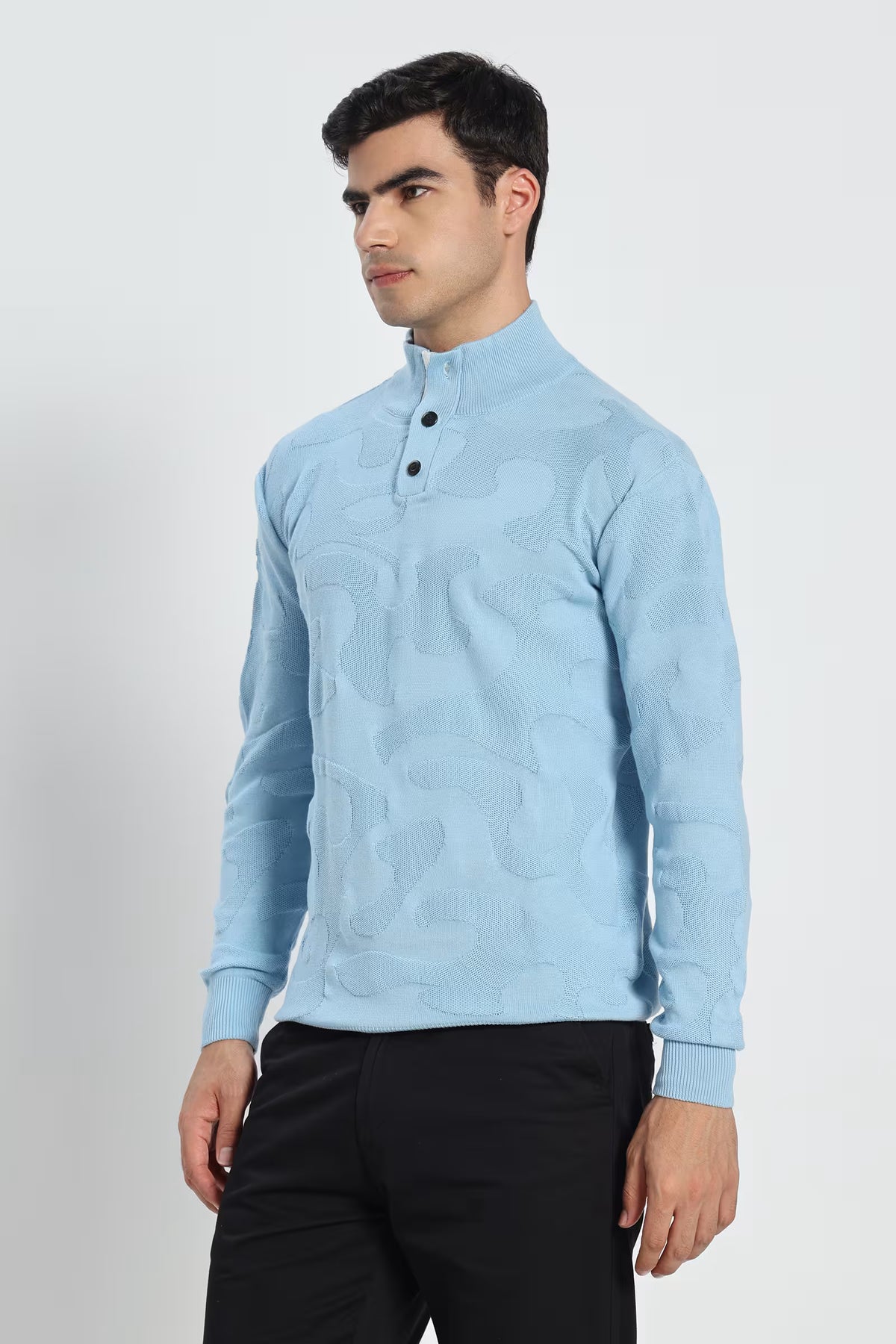 Rauth Men Textured Knitted Mock Neck Full Sleeve Casual T-Shirt / Sweater