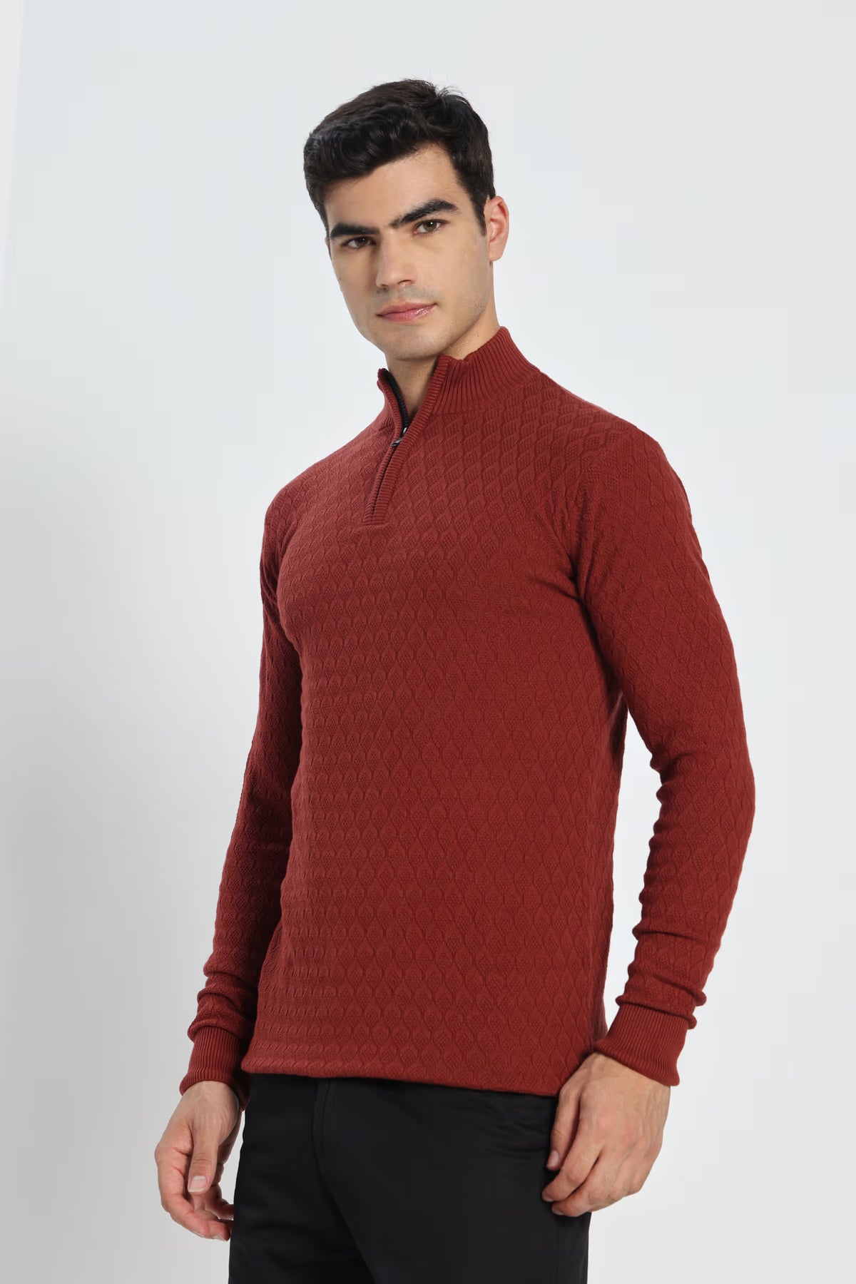 Rauth Men's Solid Half-Zip High Neck Full Sleeve Casual Knitted T-Shirt / Sweater
