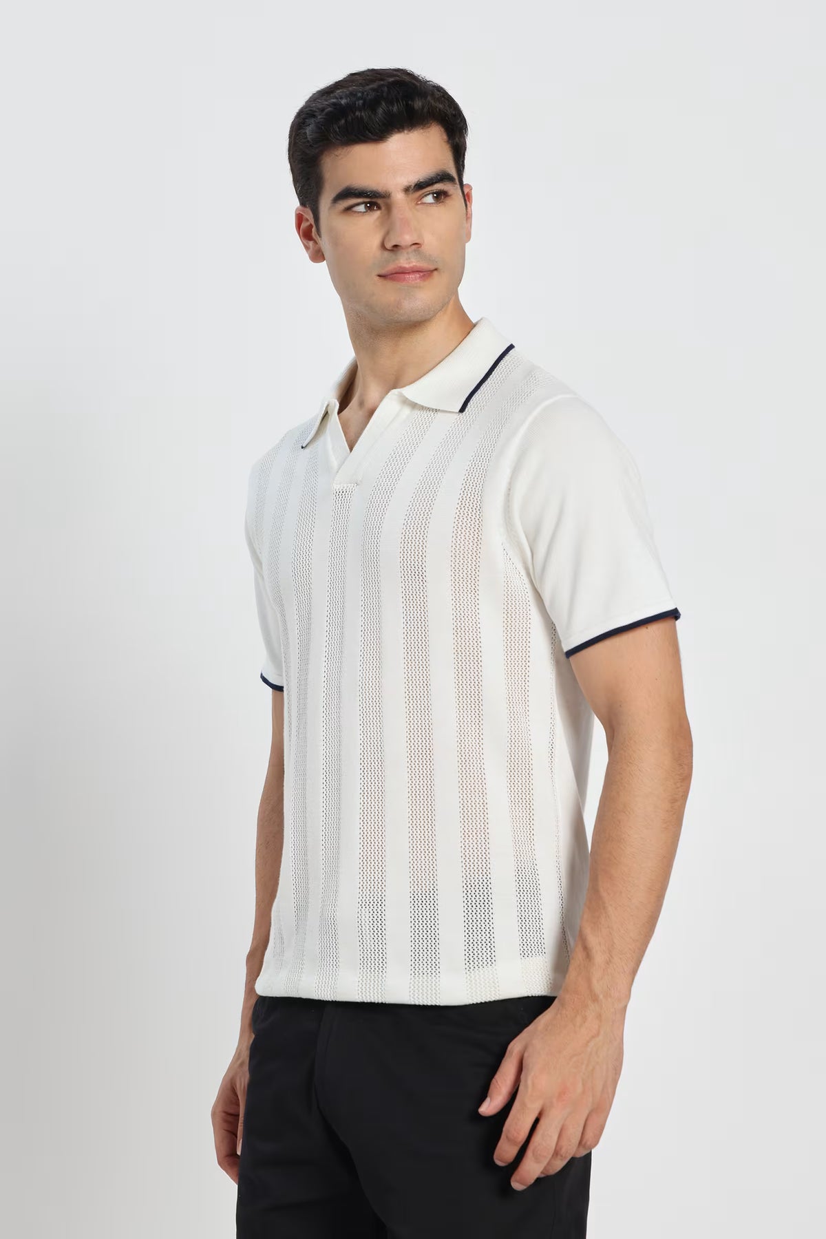 Rauth Men Striped Textured Knitted Polo Collar Casual T-Shirt