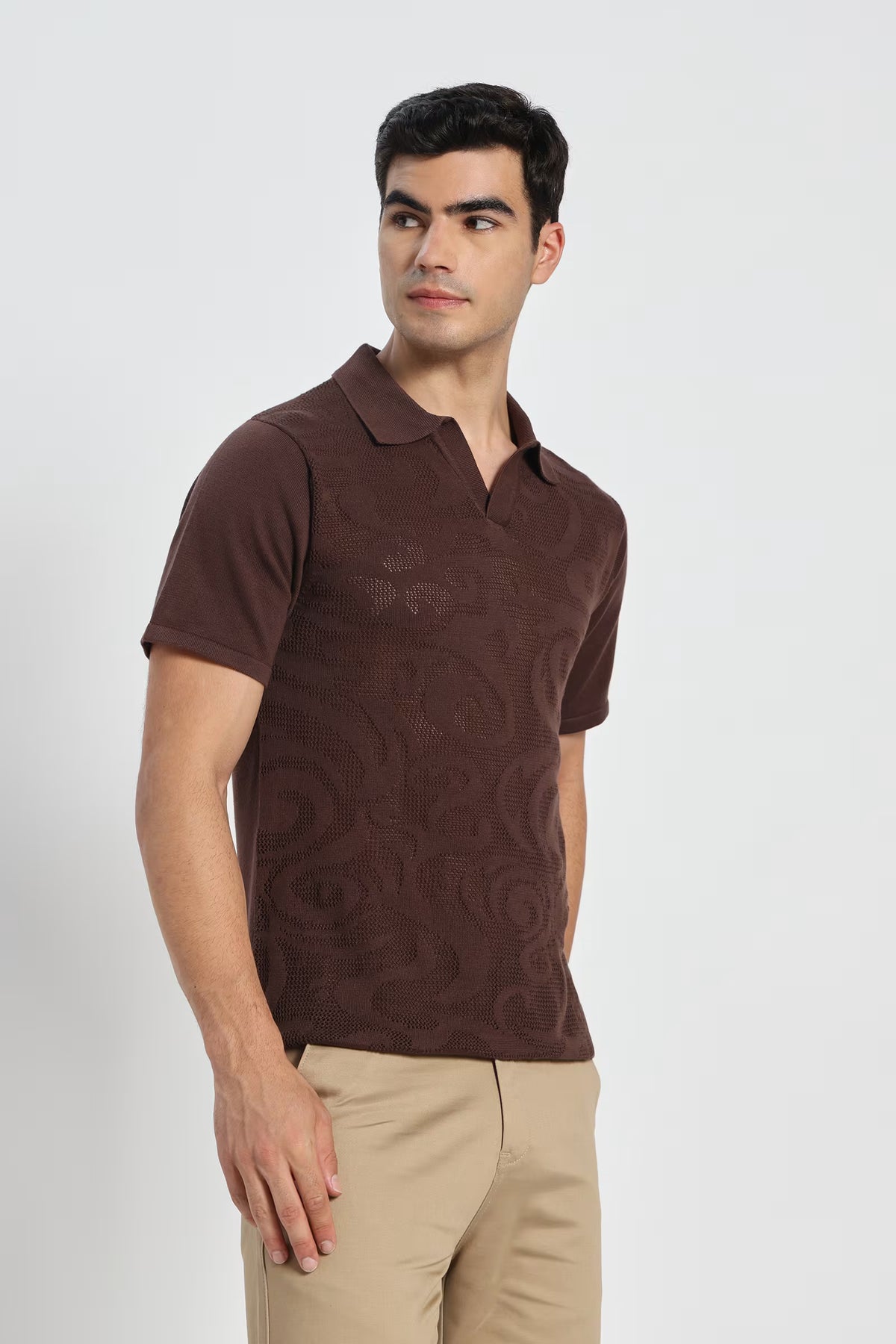 Rauth Men Self-Design Textured Knitted Polo Collar Casual T-Shirt