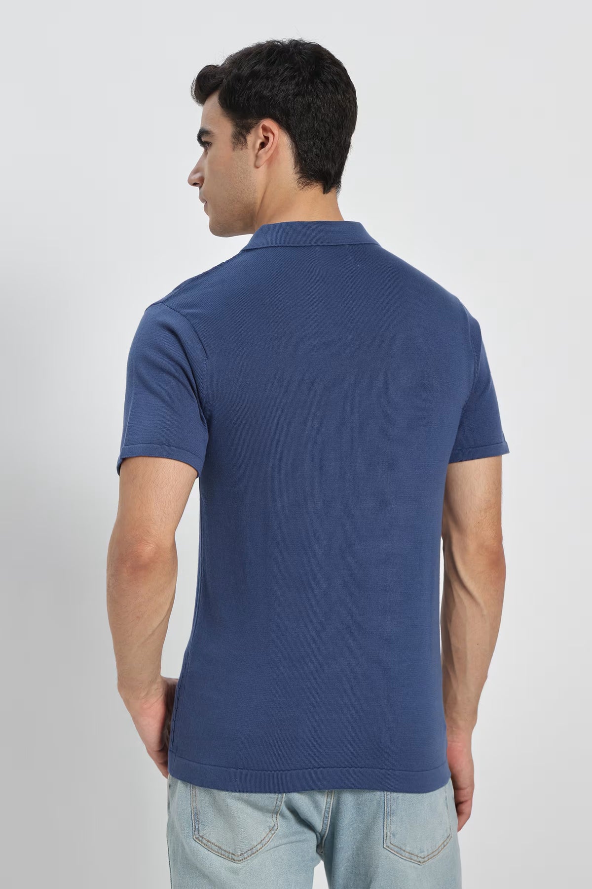 Rauth Men Cable Knitted Textured Polo Collar Casual T-Shirt