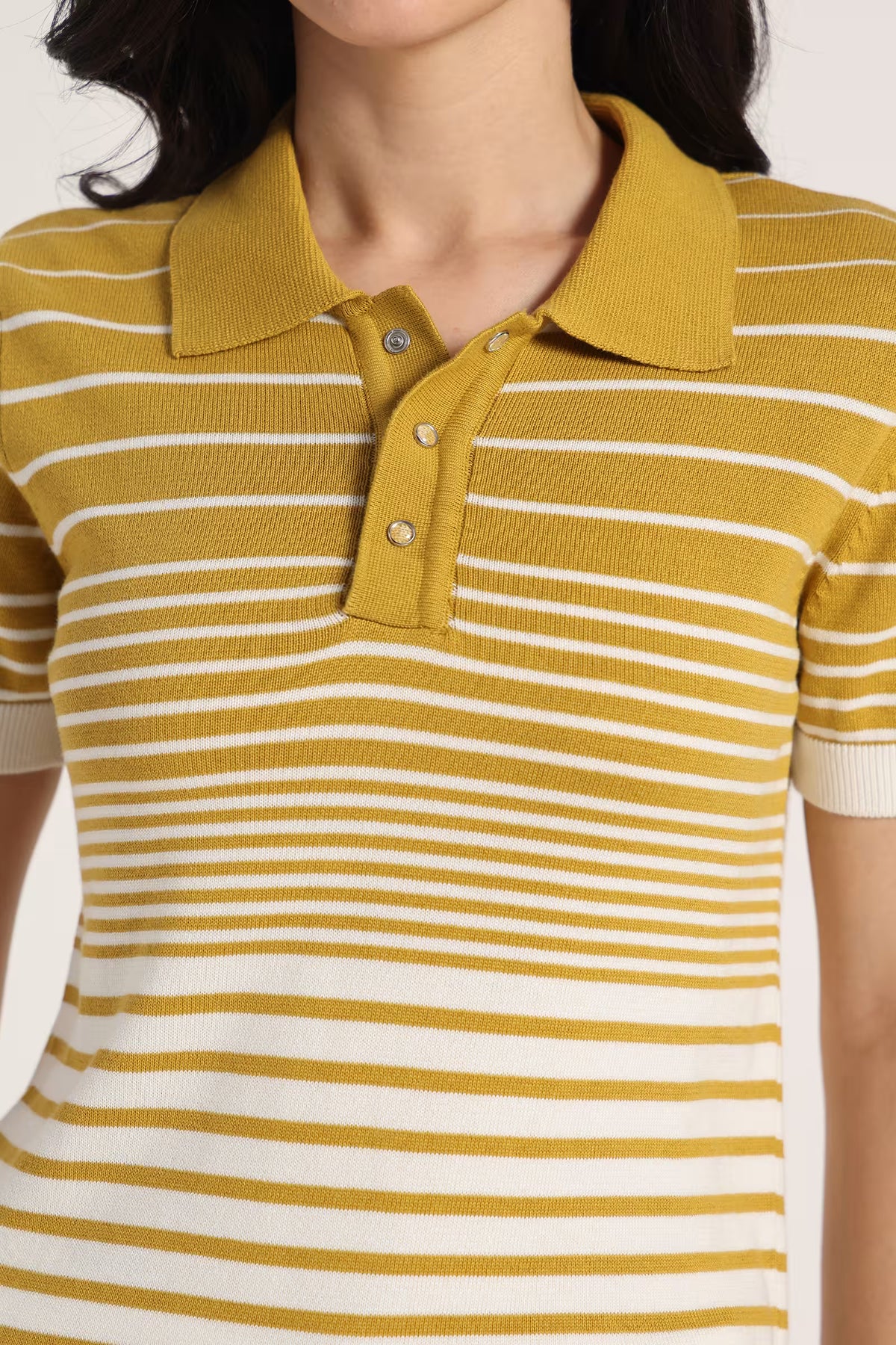 Rauth Women’s Striped Polo Neck T-Shirt Half Sleeve Knitted Top Regular Fit Casual Stylish Ribbed Collar Button Placket T-Shirt for Women