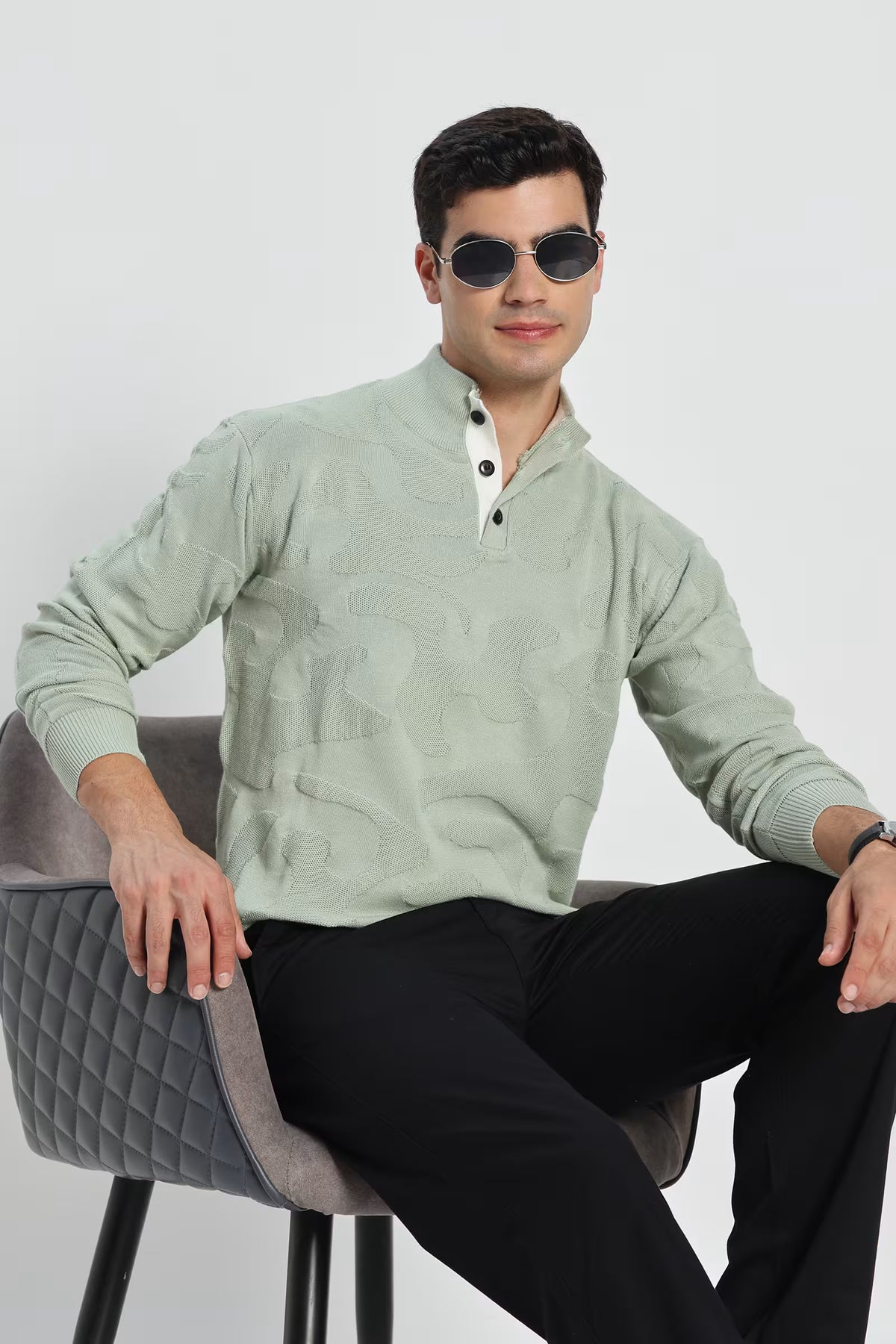 Rauth Men Textured Knitted Mock Neck Full Sleeve Casual T-Shirt / Sweater