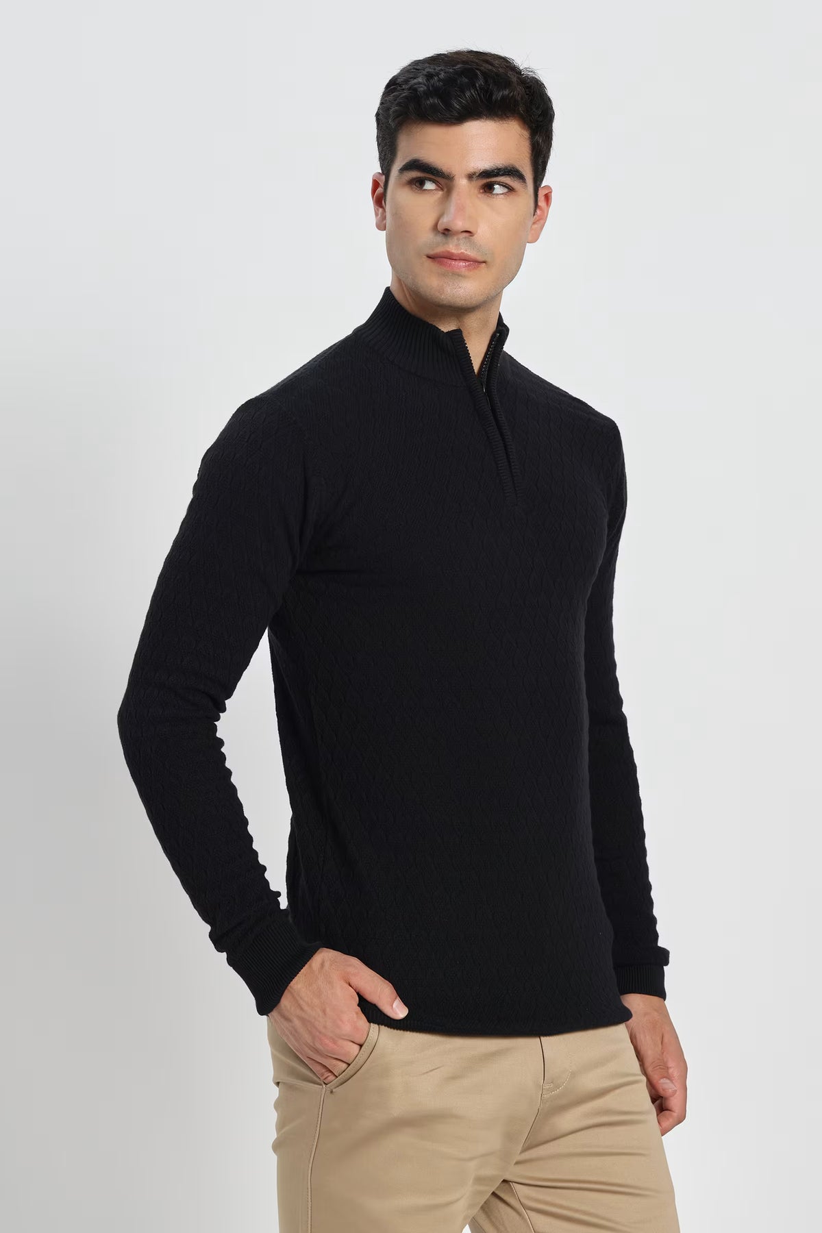 Rauth Men's Solid Half-Zip High Neck Full Sleeve Casual Knitted T-Shirt / Sweater