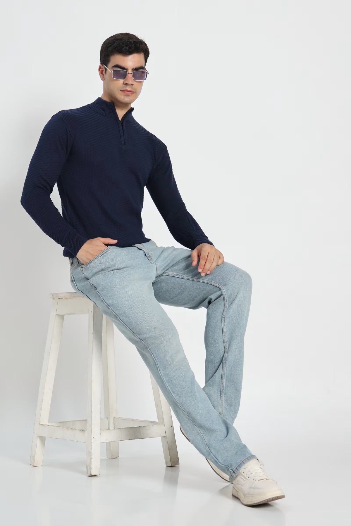 Rauth Men's Solid Half-Zip High Neck Full Sleeve Casual Knitted T-Shirt / Sweater