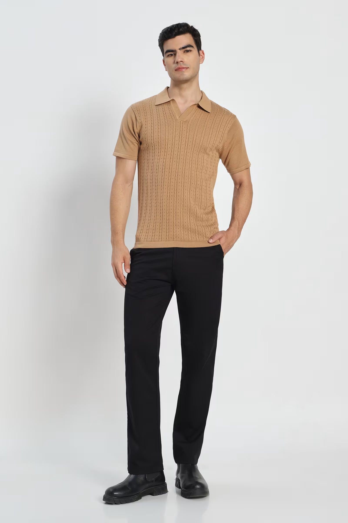Rauth Men Cable Knitted Textured Polo Collar Casual T-Shirt