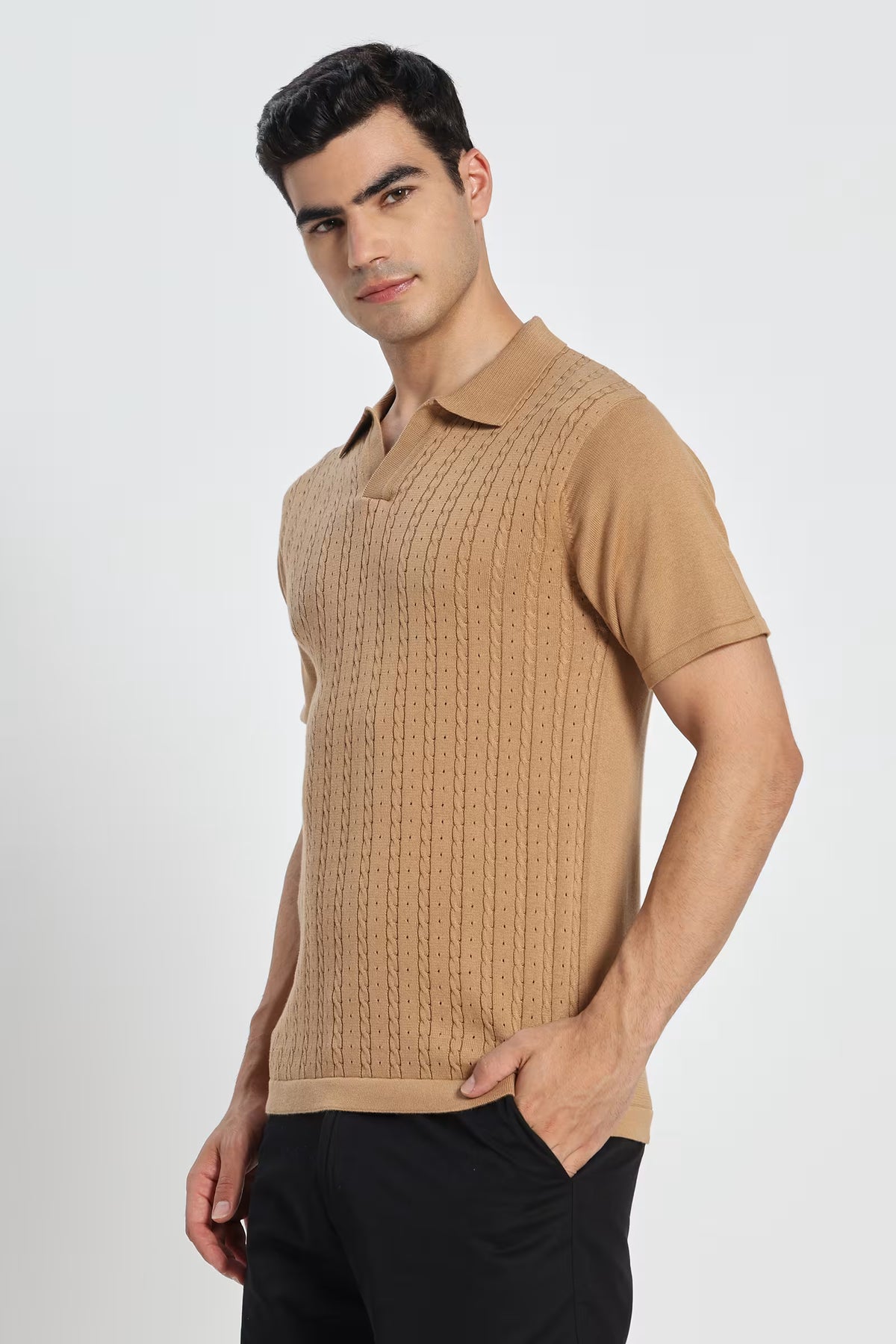 Rauth Men Cable Knitted Textured Polo Collar Casual T-Shirt