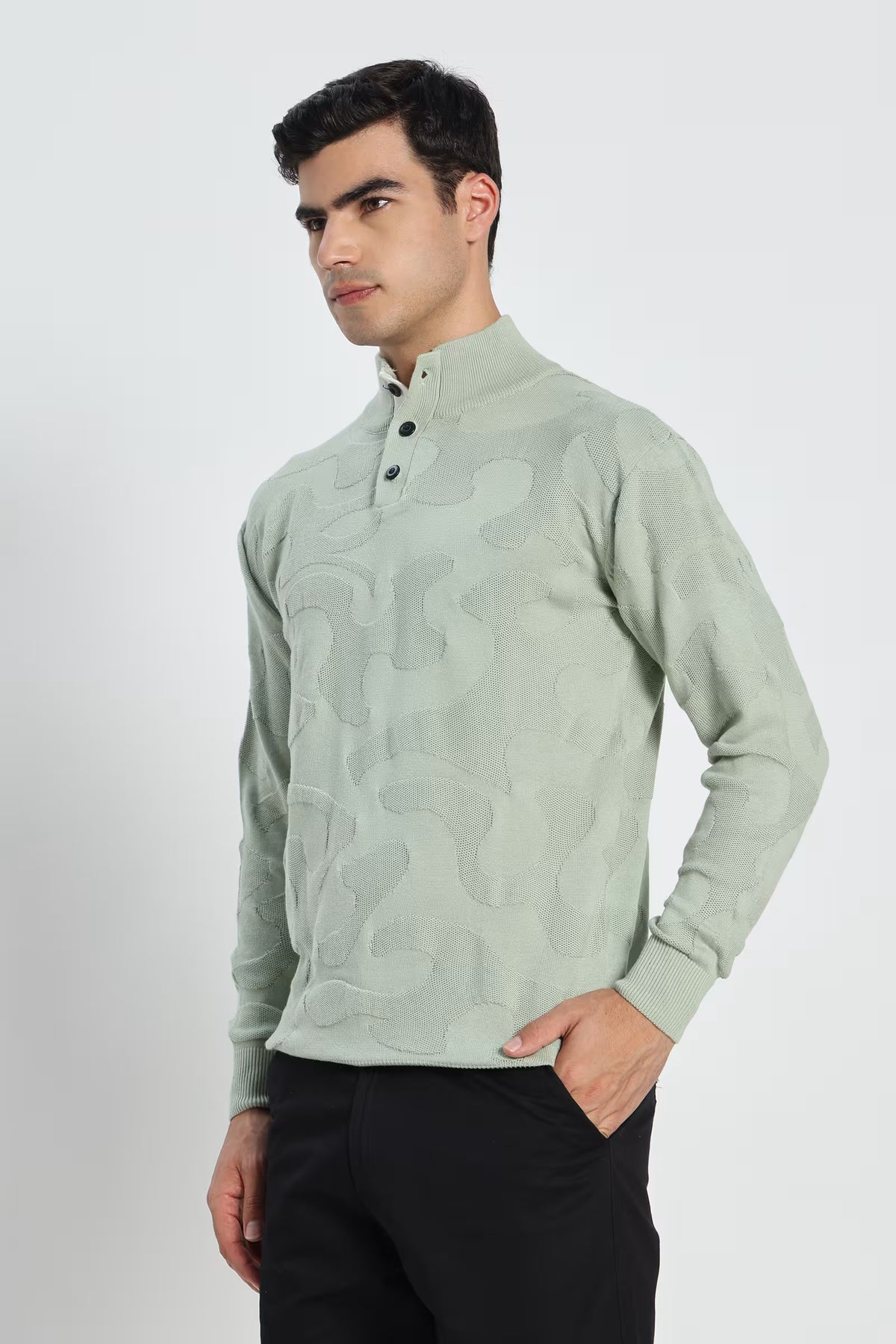 Rauth Men Textured Knitted Mock Neck Full Sleeve Casual T-Shirt / Sweater