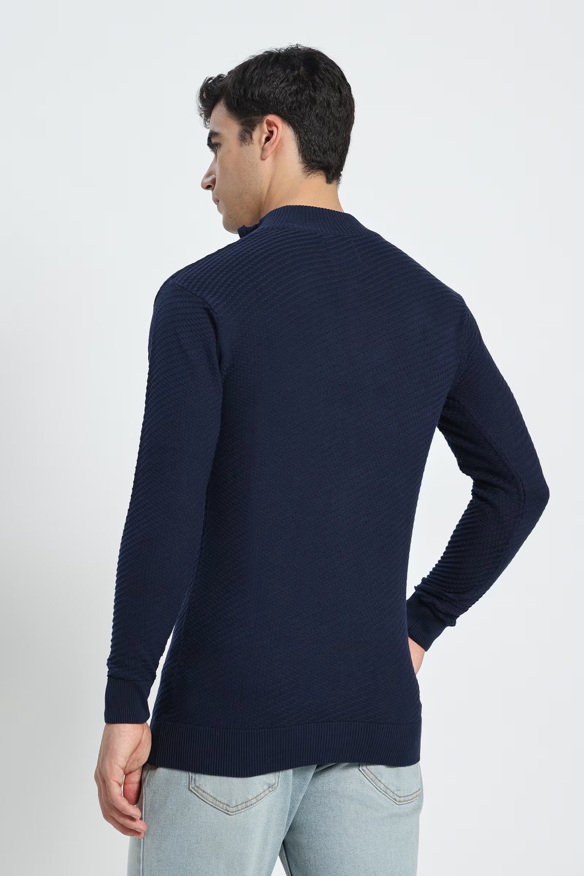 Rauth Men's Solid Half-Zip High Neck Full Sleeve Casual Knitted T-Shirt / Sweater