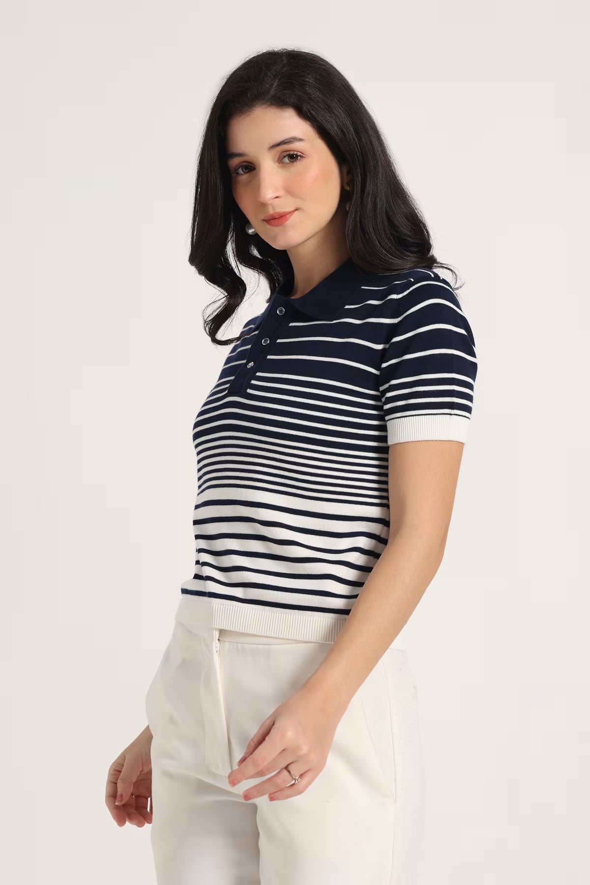 Rauth Women Knitted Polo Collar Top | Short Sleeve Textured Knit T-Shirt | Stylish Casual Western Wear Top for Women
