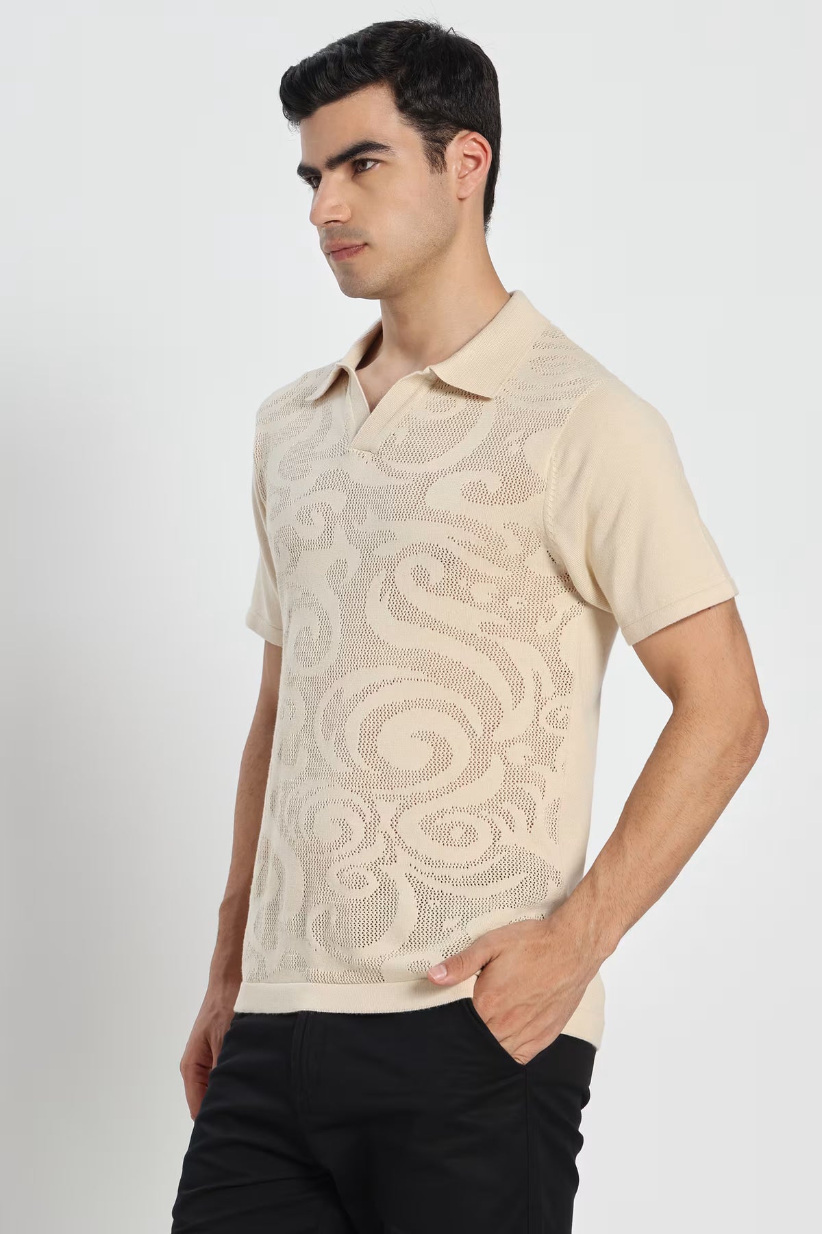 Rauth Men Self-Design Textured Knitted Polo Collar Casual T-Shirt