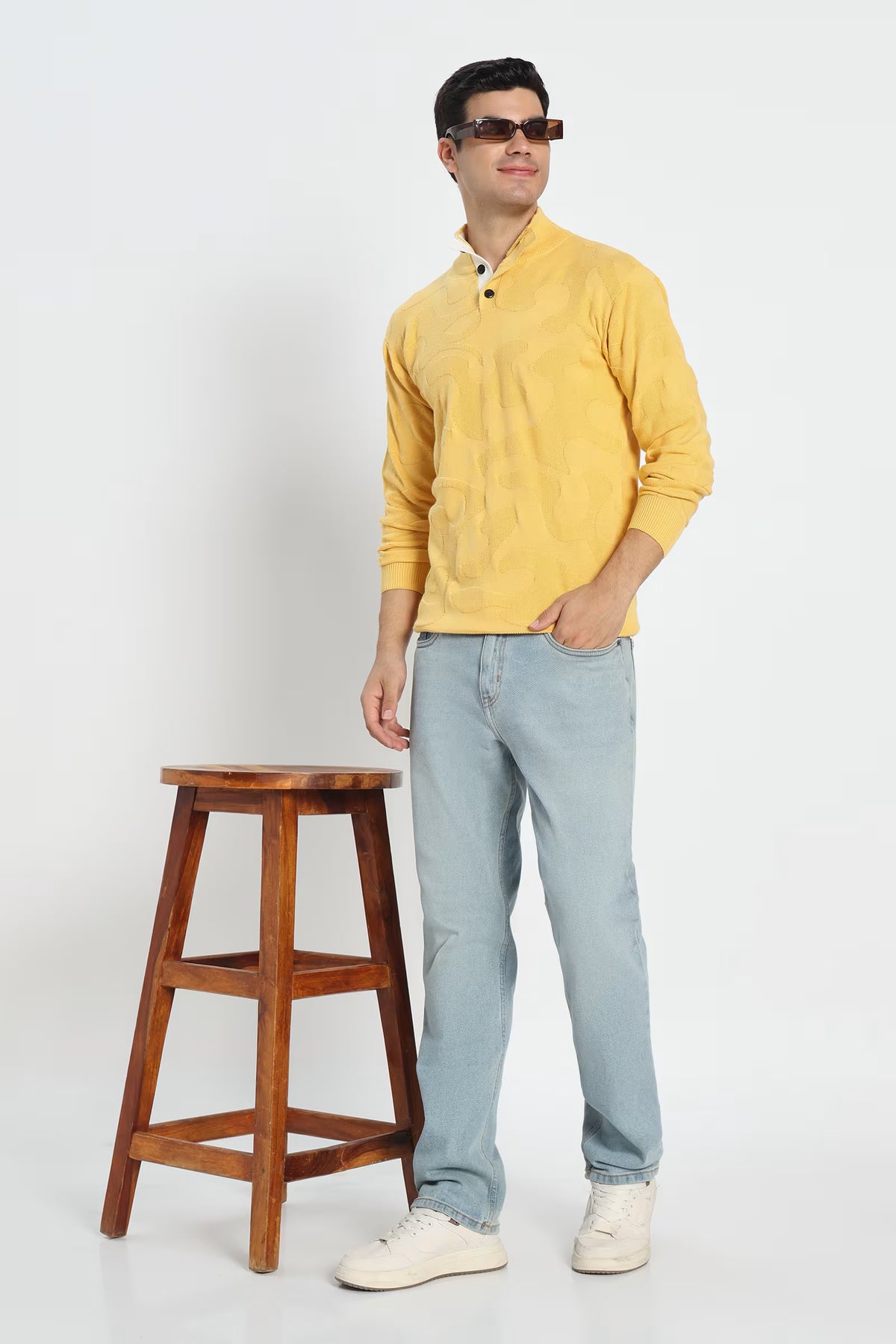 Rauth Men Textured Knitted Mock Neck Full Sleeve Casual T-Shirt / Sweater