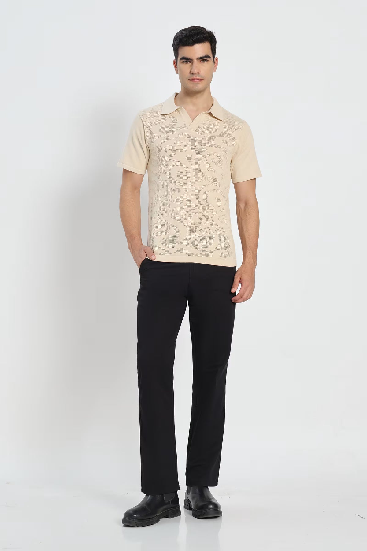 Rauth Men Self-Design Textured Knitted Polo Collar Casual T-Shirt