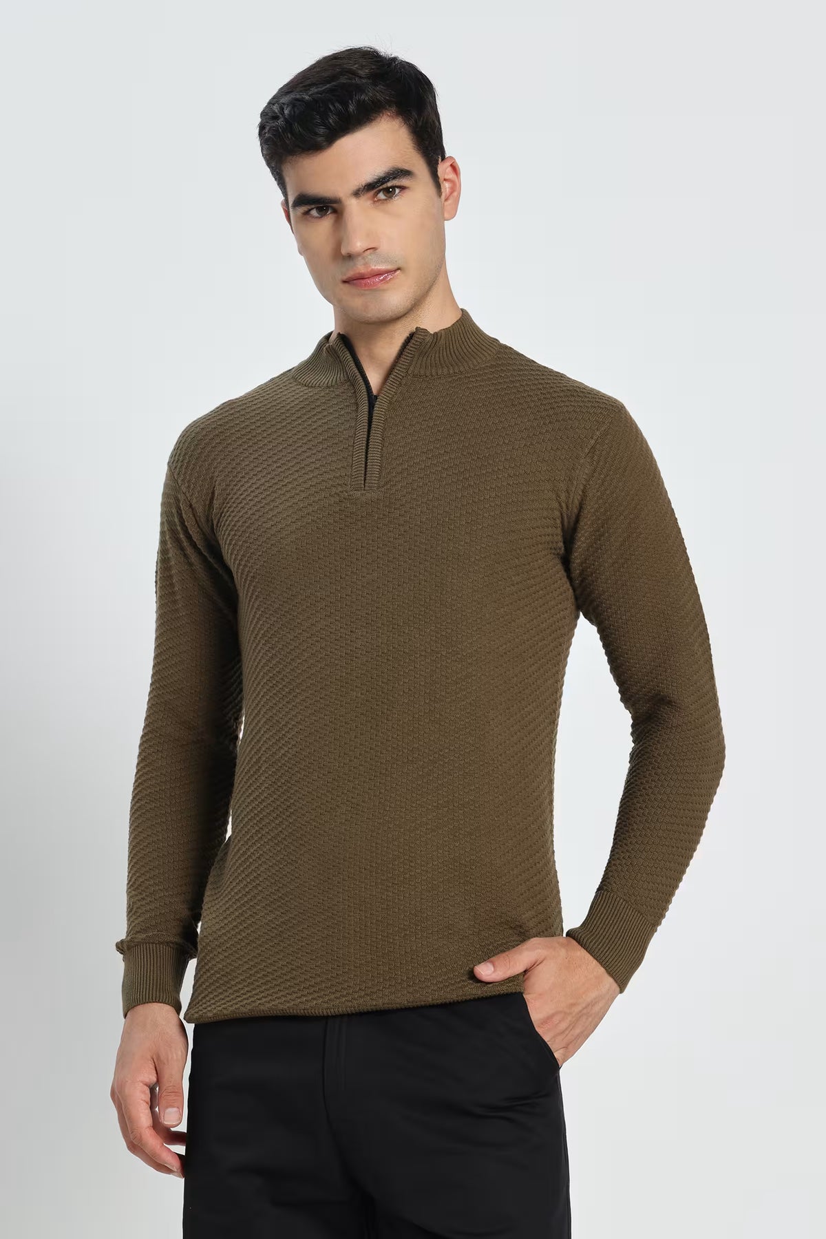 Rauth Men's Solid Half-Zip High Neck Full Sleeve Casual Knitted T-Shirt / Sweater