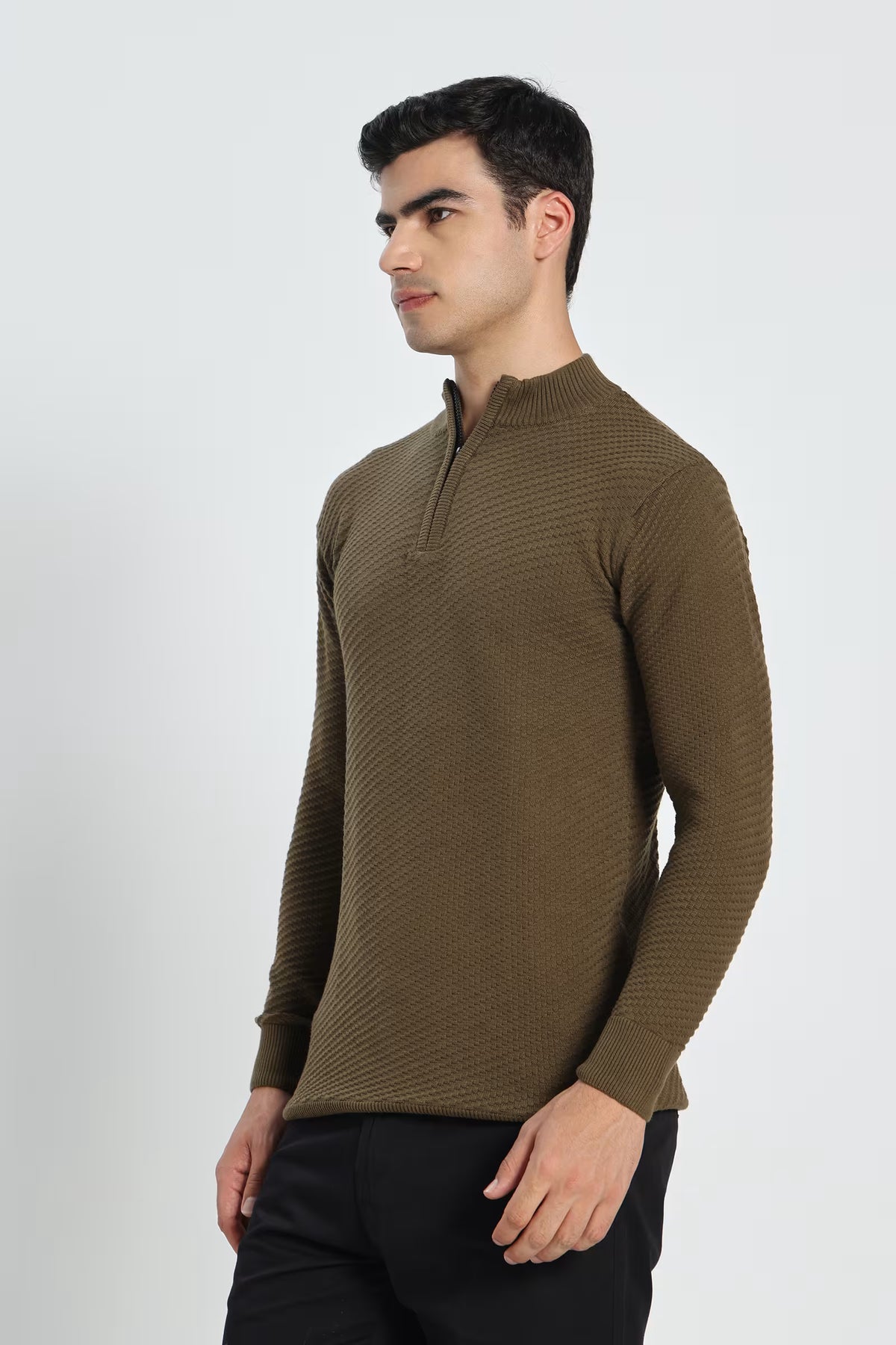 Rauth Men's Solid Half-Zip High Neck Full Sleeve Casual Knitted T-Shirt / Sweater
