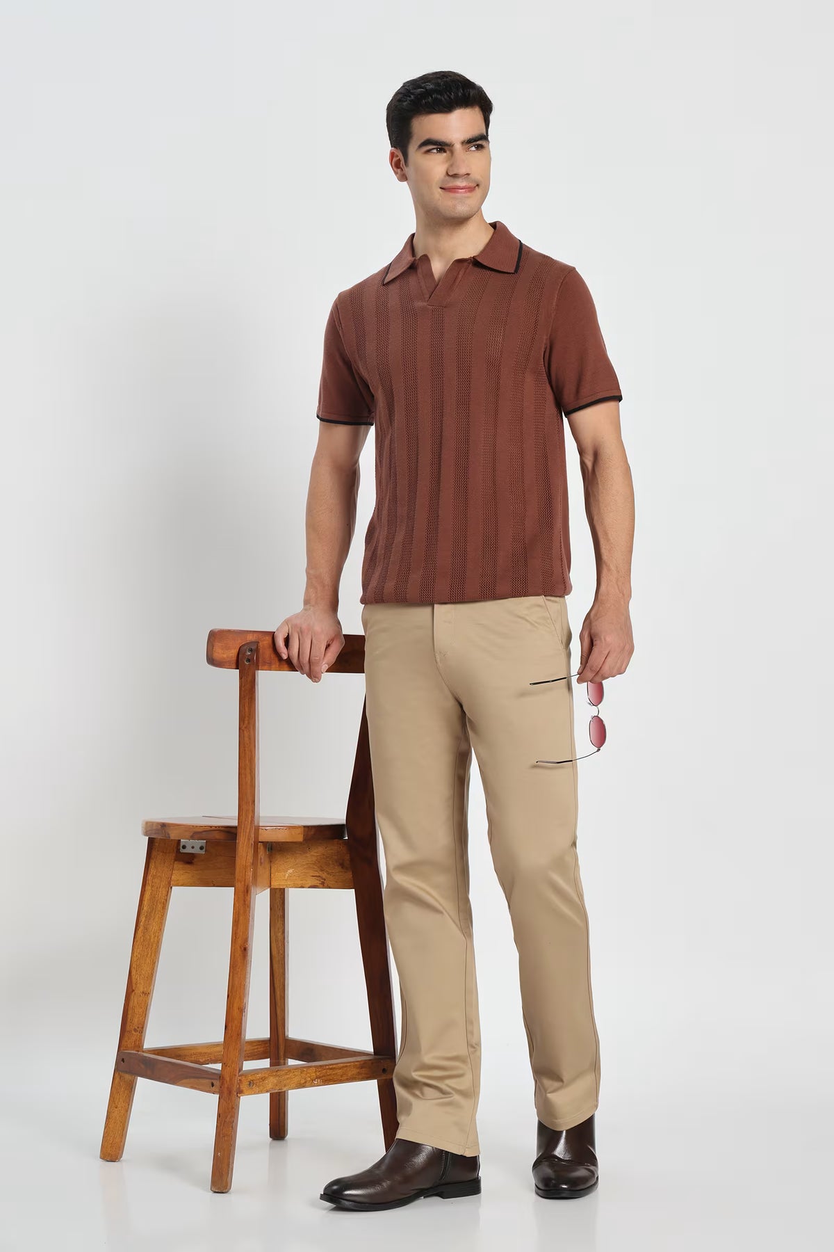 Rauth Men Striped Textured Knitted Polo Collar Casual T-Shirt