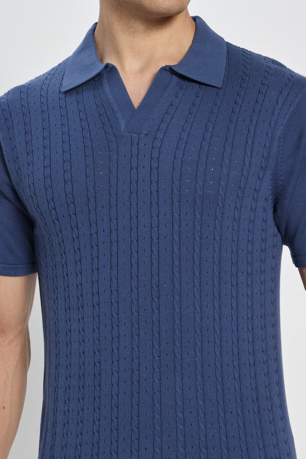 Rauth Men Cable Knitted Textured Polo Collar Casual T-Shirt