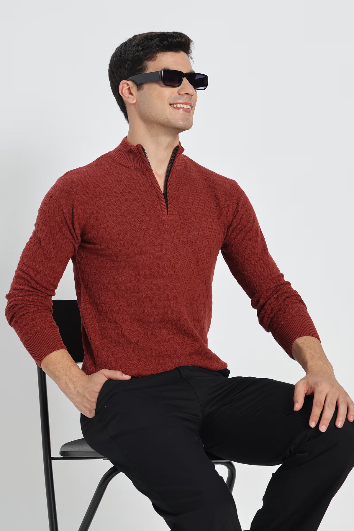 Rauth Men's Solid Half-Zip High Neck Full Sleeve Casual Knitted T-Shirt / Sweater