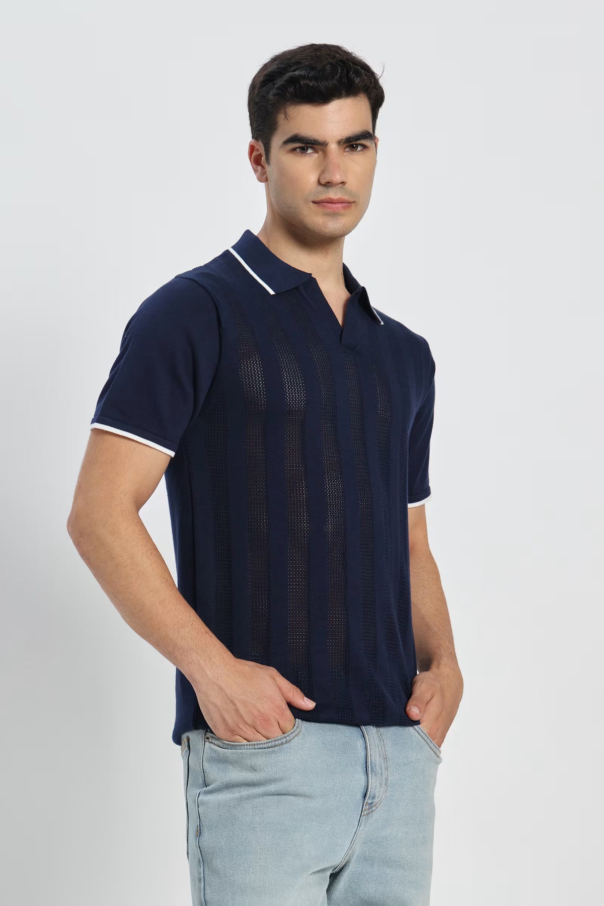 Rauth Men Striped Textured Knitted Polo Collar Casual T-Shirt