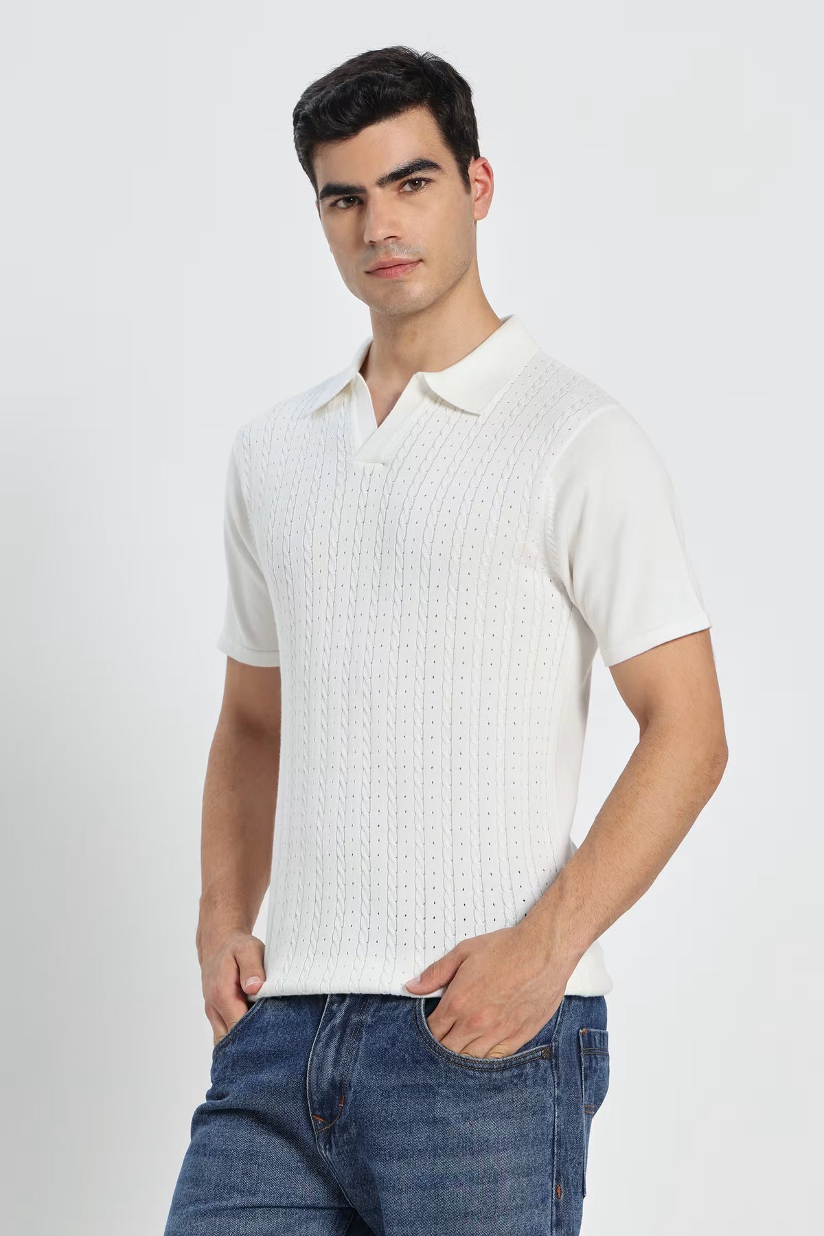 Rauth Men Cable Knitted Textured Polo Collar Casual T-Shirt
