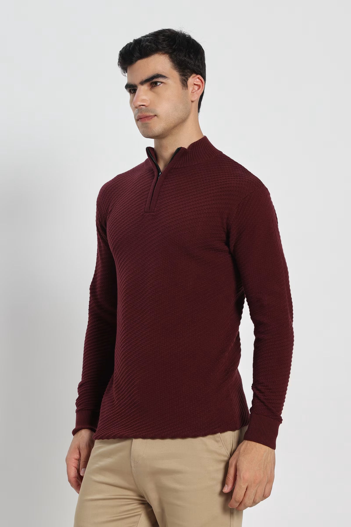 Rauth Men's Solid Half-Zip High Neck Full Sleeve Casual Knitted T-Shirt / Sweater
