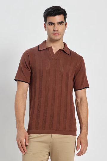 Rauth Men Striped Textured Knitted Polo Collar Casual T-Shirt