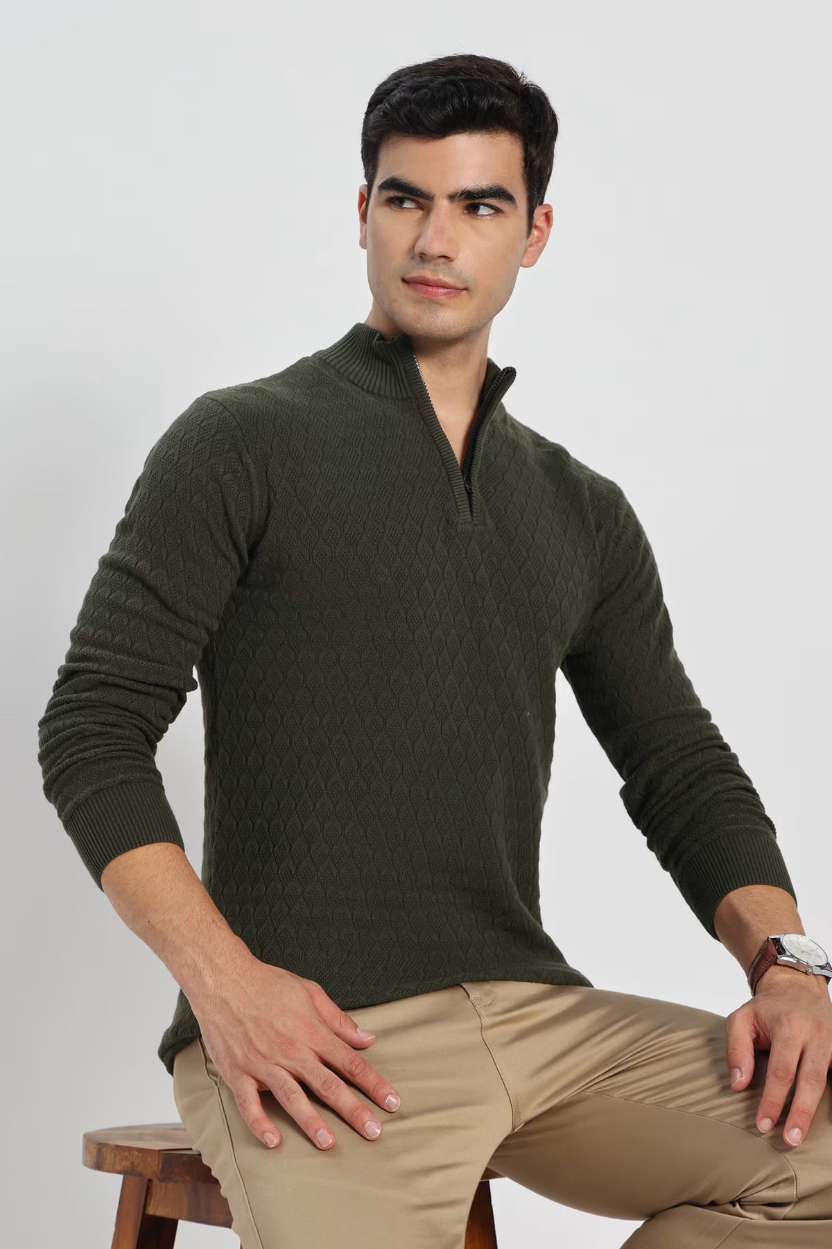Rauth Men's Solid Half-Zip High Neck Full Sleeve Casual Knitted T-Shirt / Sweater