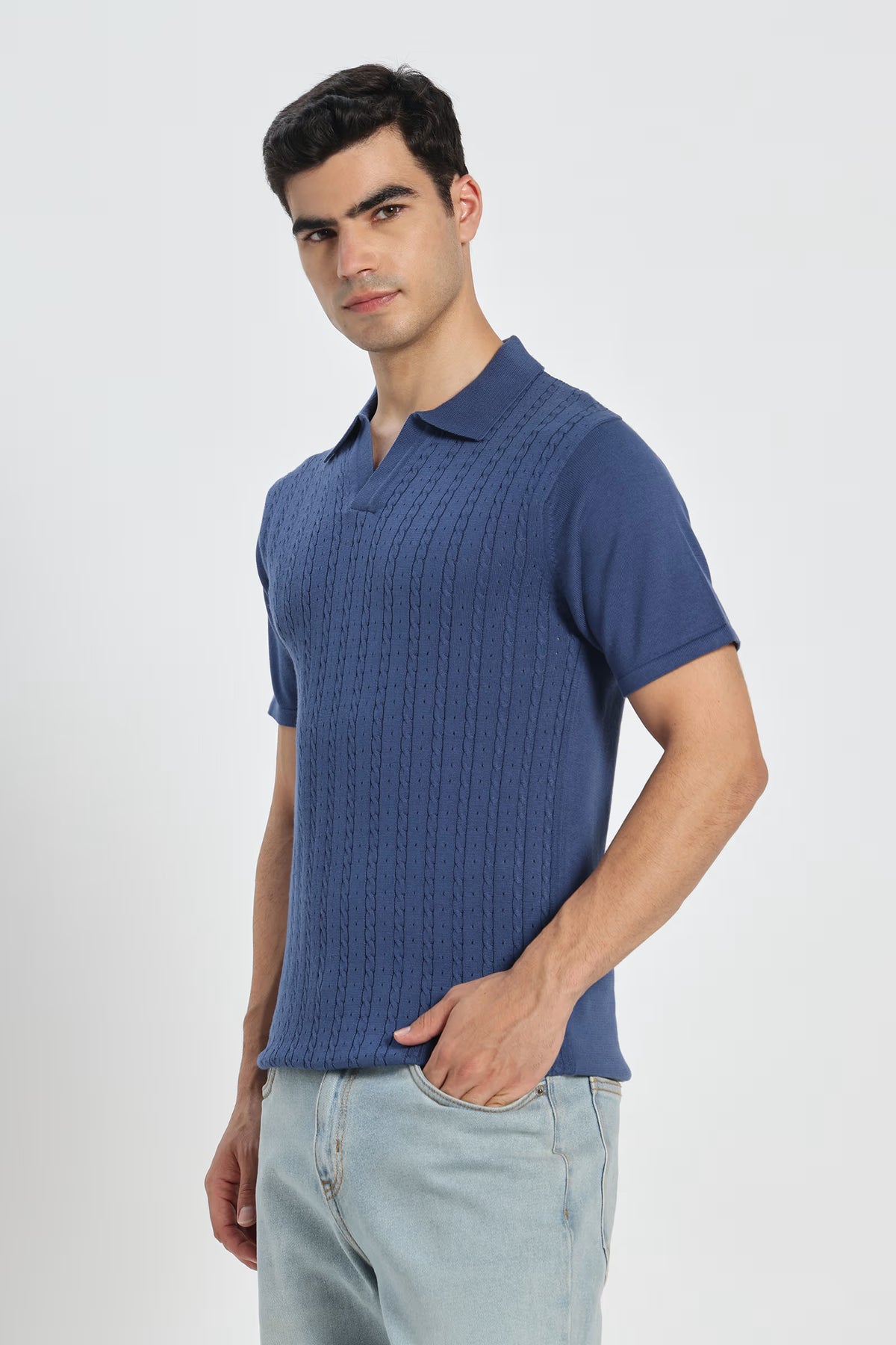 Rauth Men Cable Knitted Textured Polo Collar Casual T-Shirt