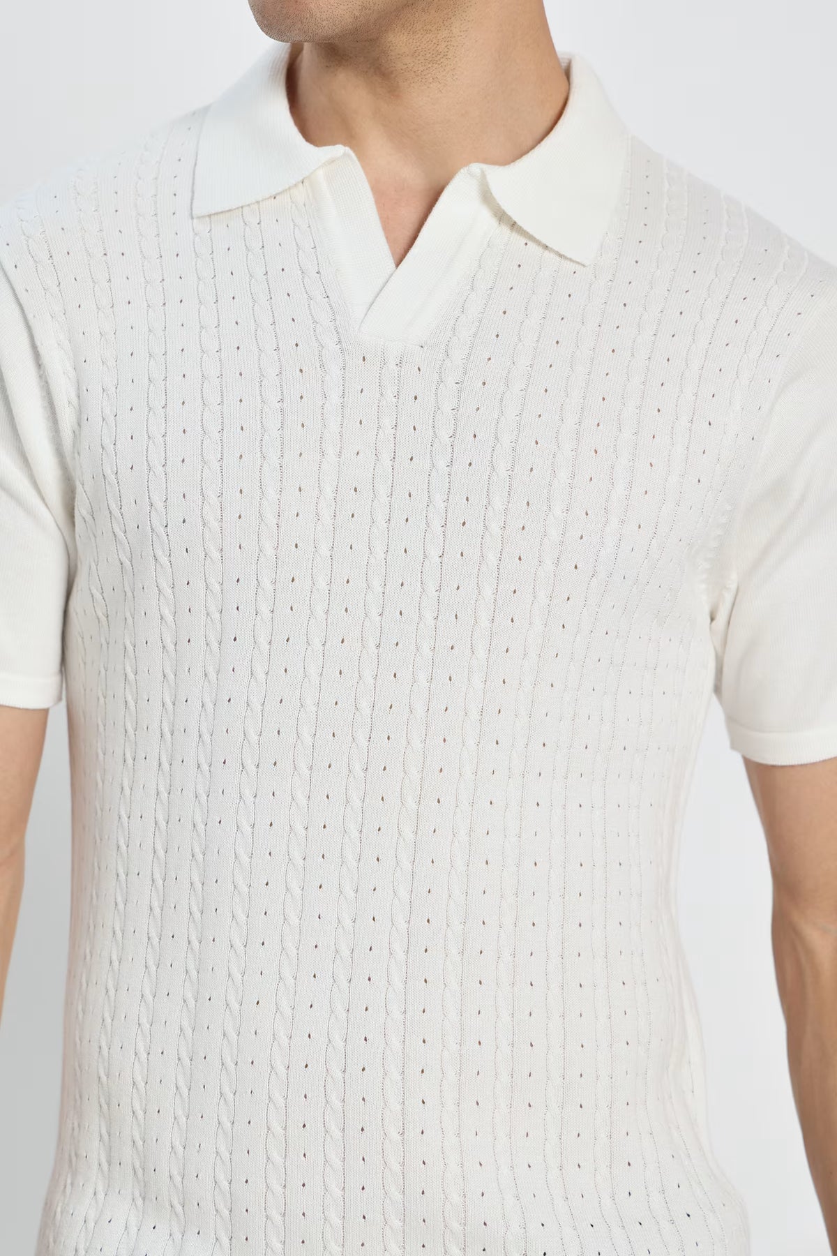 Rauth Men Cable Knitted Textured Polo Collar Casual T-Shirt