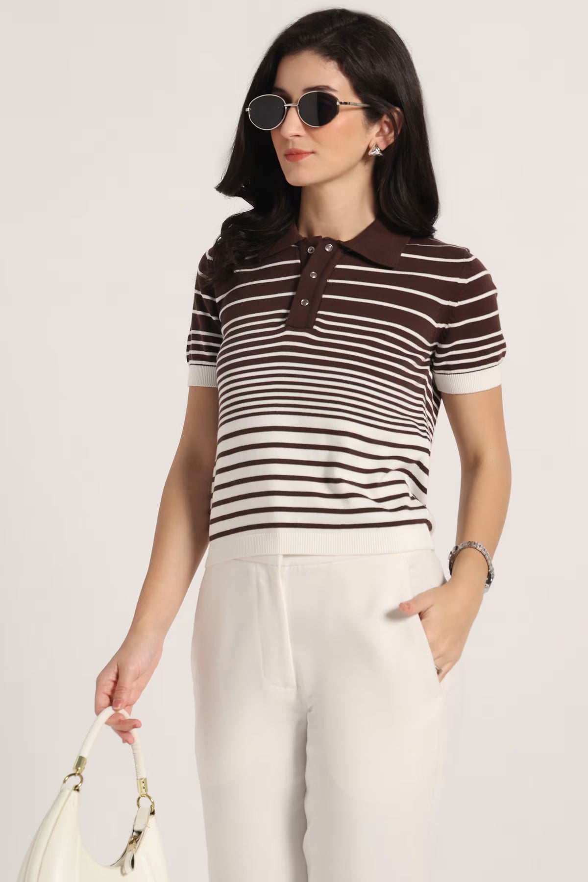 Rauth Women’s Striped Polo Neck T-Shirt Half Sleeve Knitted Top Regular Fit Casual Stylish Ribbed Collar Button Placket T-Shirt for Women