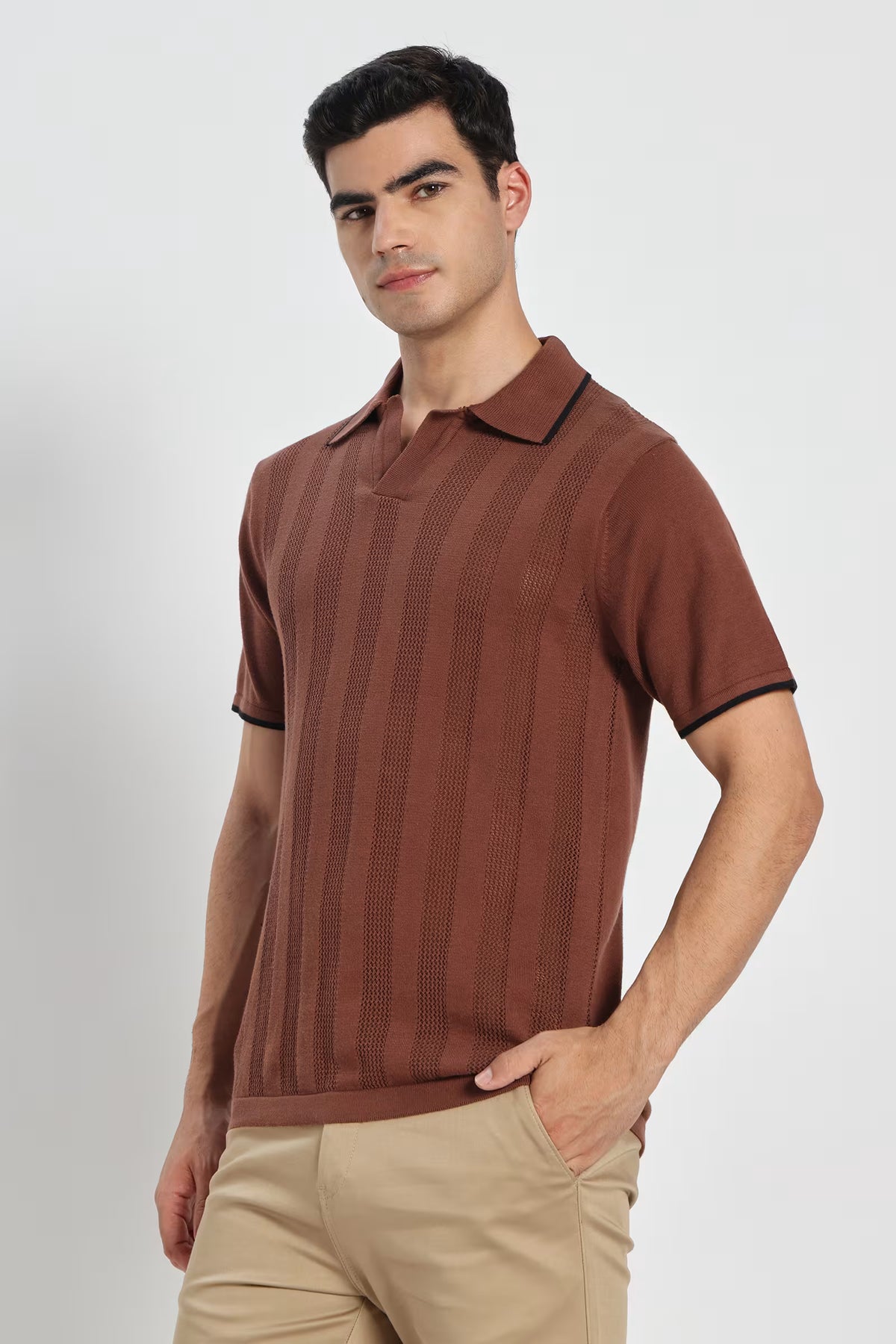 Rauth Men Striped Textured Knitted Polo Collar Casual T-Shirt