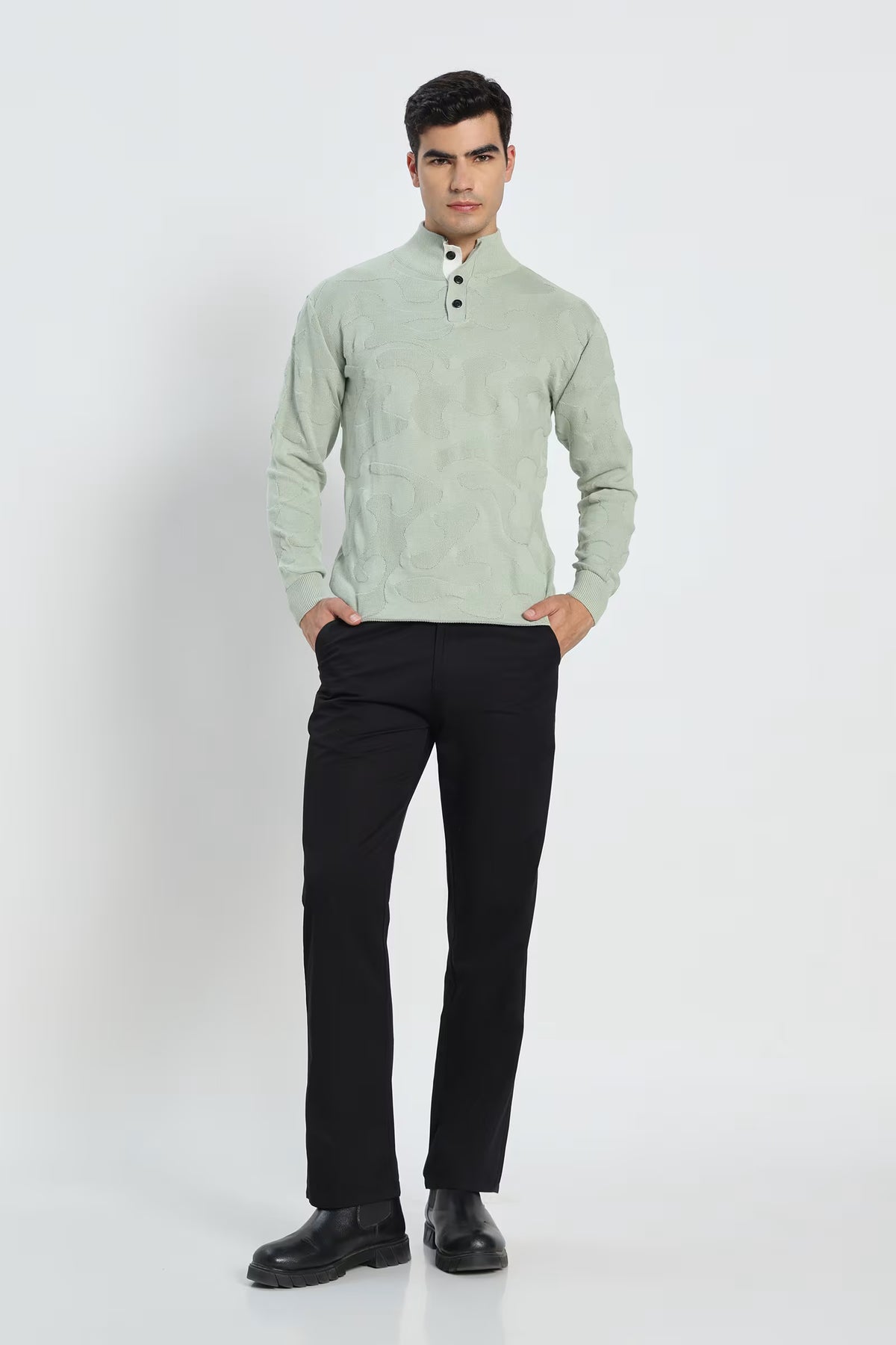 Rauth Men Textured Knitted Mock Neck Full Sleeve Casual T-Shirt / Sweater