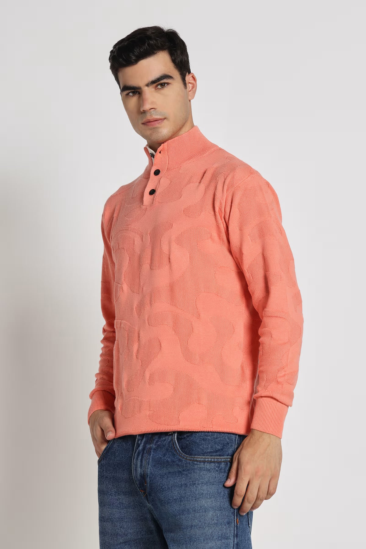 Rauth Men Textured Knitted Mock Neck Full Sleeve Casual T-Shirt / Sweater