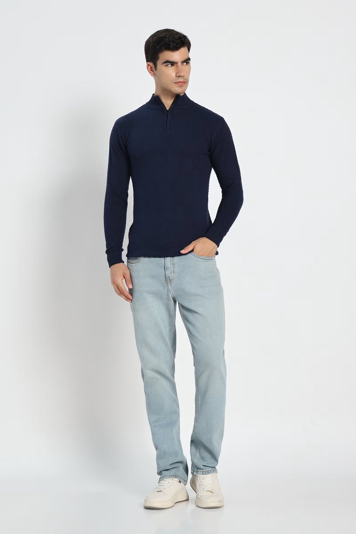 Rauth Men's Solid Half-Zip High Neck Full Sleeve Casual Knitted T-Shirt / Sweater
