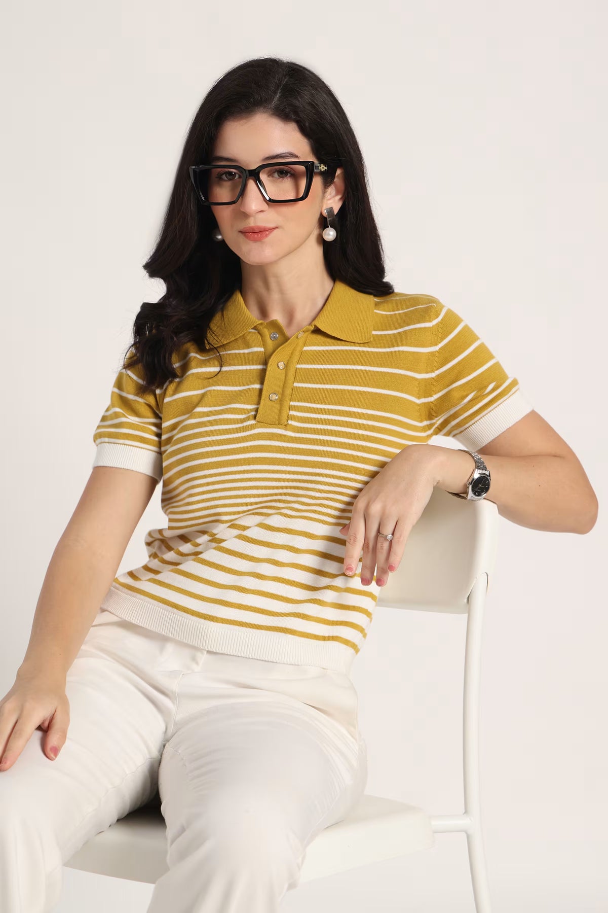 Rauth Women’s Striped Polo Neck T-Shirt Half Sleeve Knitted Top Regular Fit Casual Stylish Ribbed Collar Button Placket T-Shirt for Women