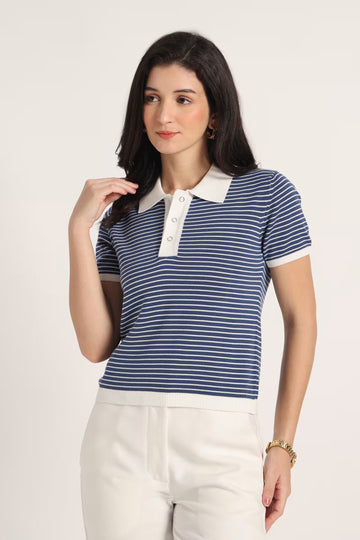 Rauth Women Knitted Polo Collar Top | Short Sleeve Textured Knit T-Shirt | Stylish Casual Western Wear Top for Women