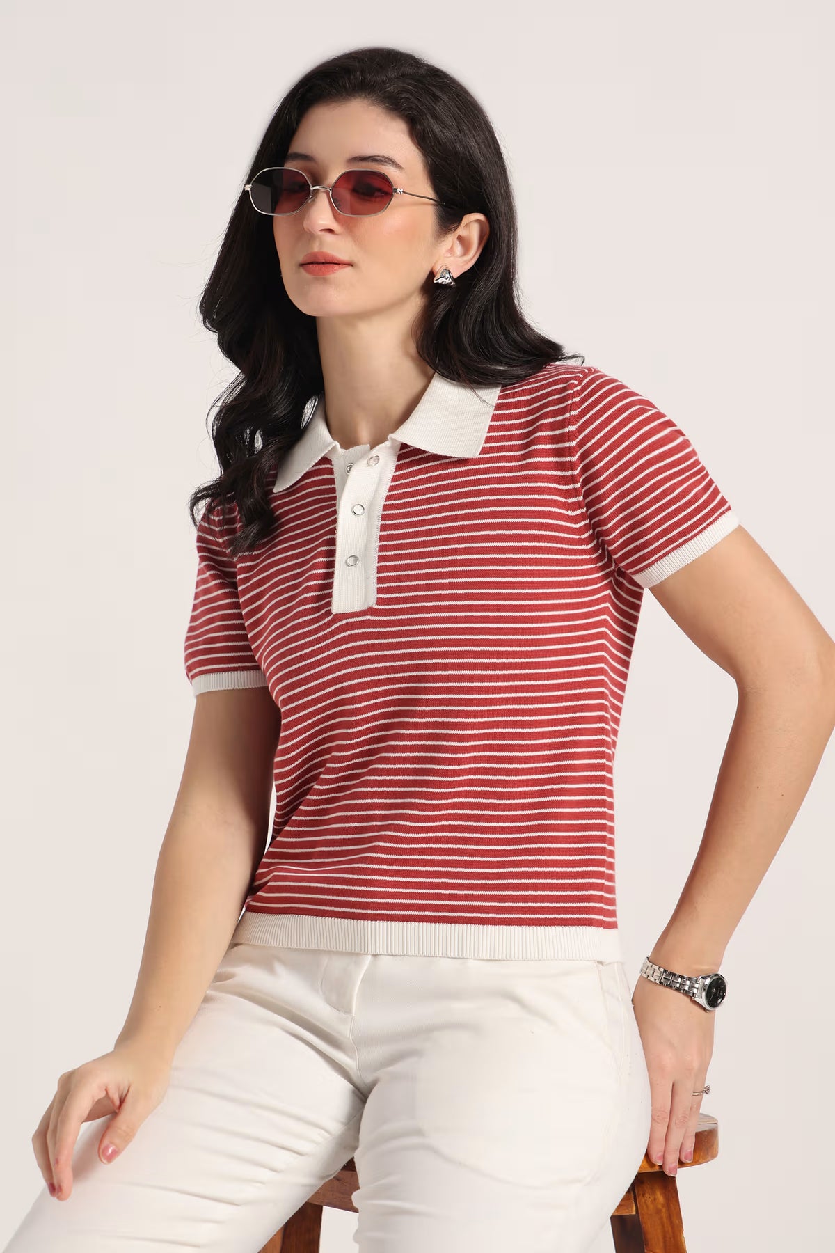Rauth Women Knitted Polo Collar Top | Short Sleeve Textured Knit T-Shirt | Stylish Casual Western Wear Top for Women