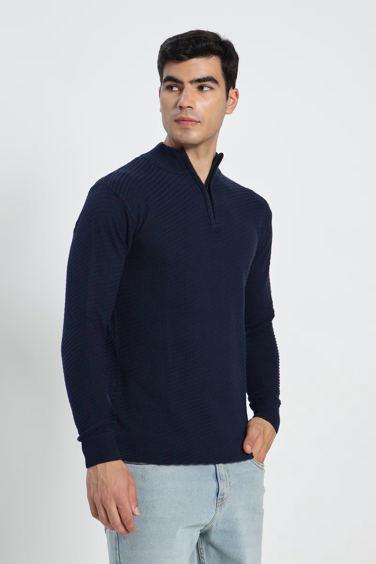 Rauth Men's Solid Half-Zip High Neck Full Sleeve Casual Knitted T-Shirt / Sweater