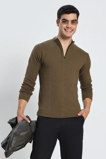 Rauth Men's Solid Half-Zip High Neck Full Sleeve Casual Knitted T-Shirt / Sweater
