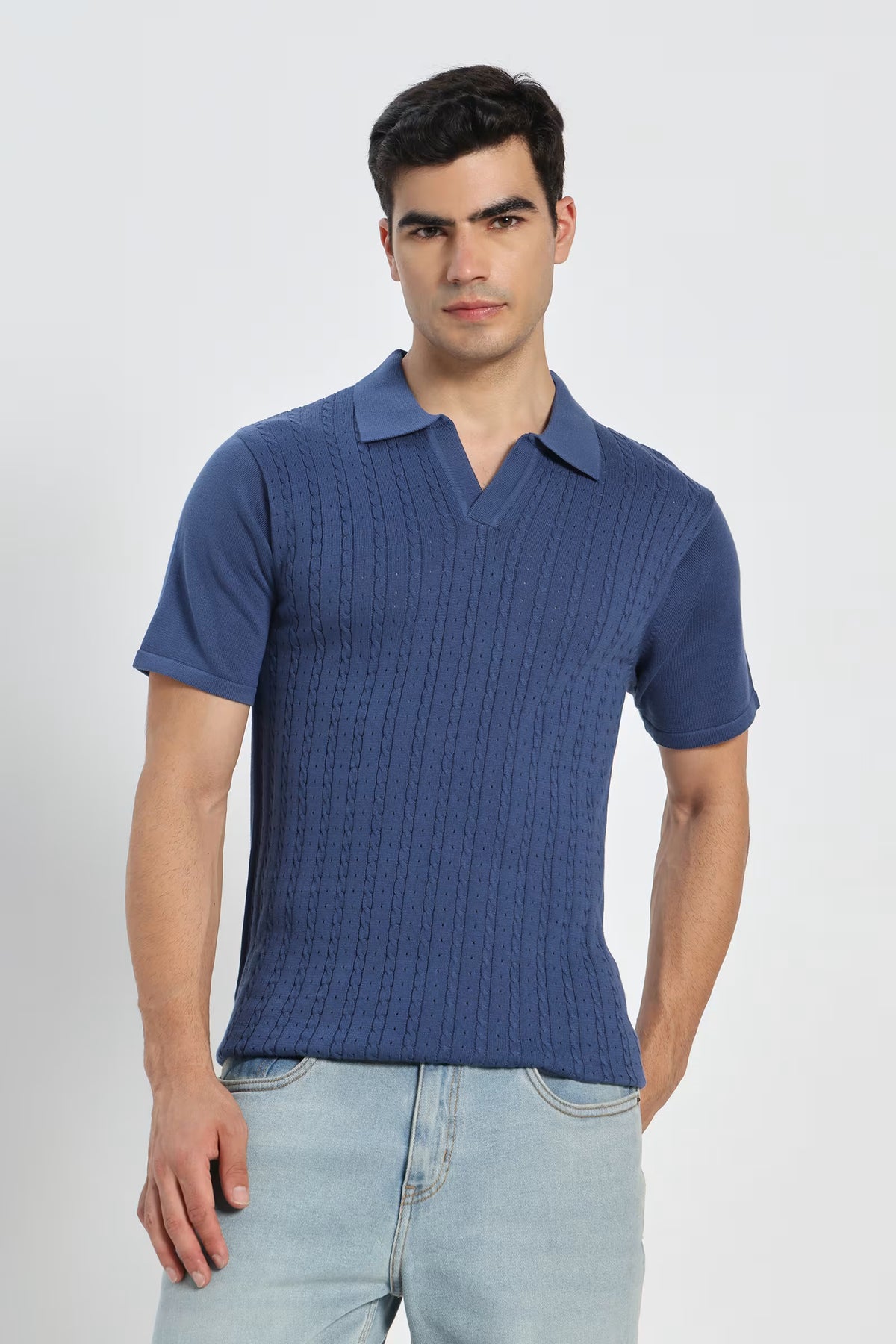 Rauth Men Cable Knitted Textured Polo Collar Casual T-Shirt