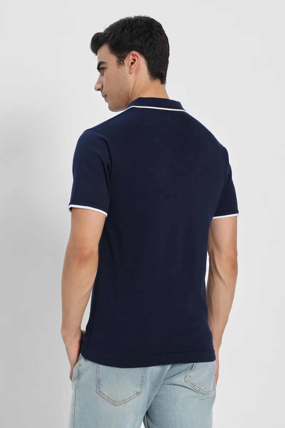 Rauth Men Striped Textured Knitted Polo Collar Casual T-Shirt