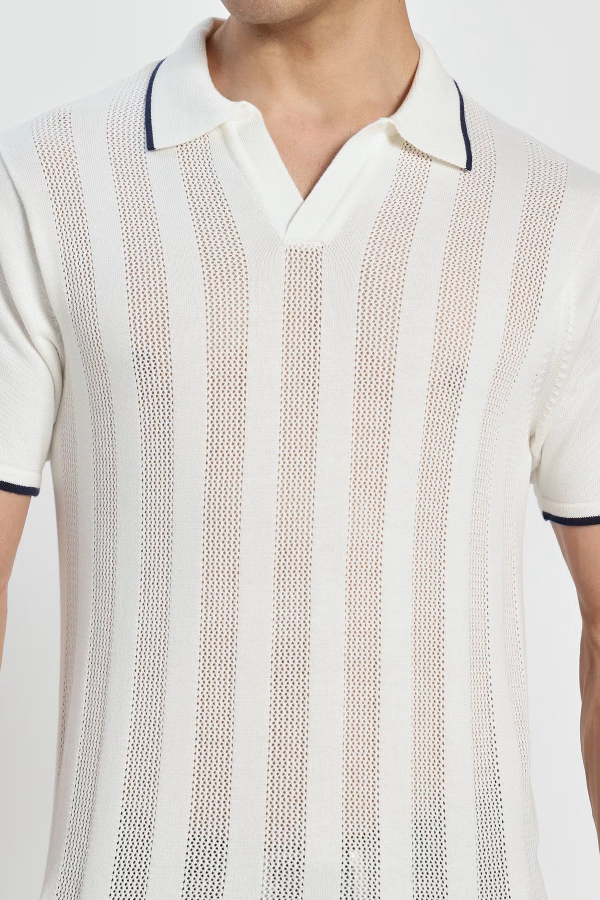 Rauth Men Striped Textured Knitted Polo Collar Casual T-Shirt