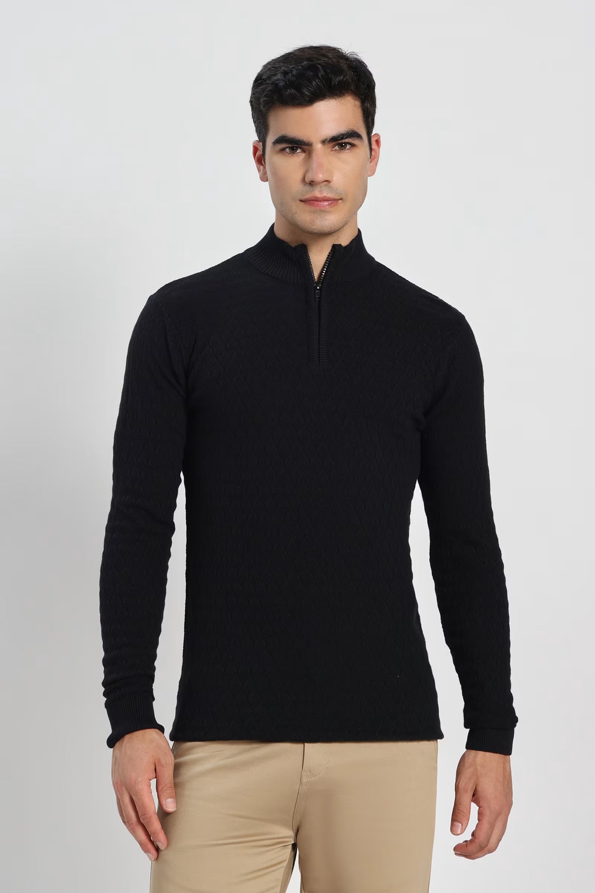 Rauth Men's Solid Half-Zip High Neck Full Sleeve Casual Knitted T-Shirt / Sweater